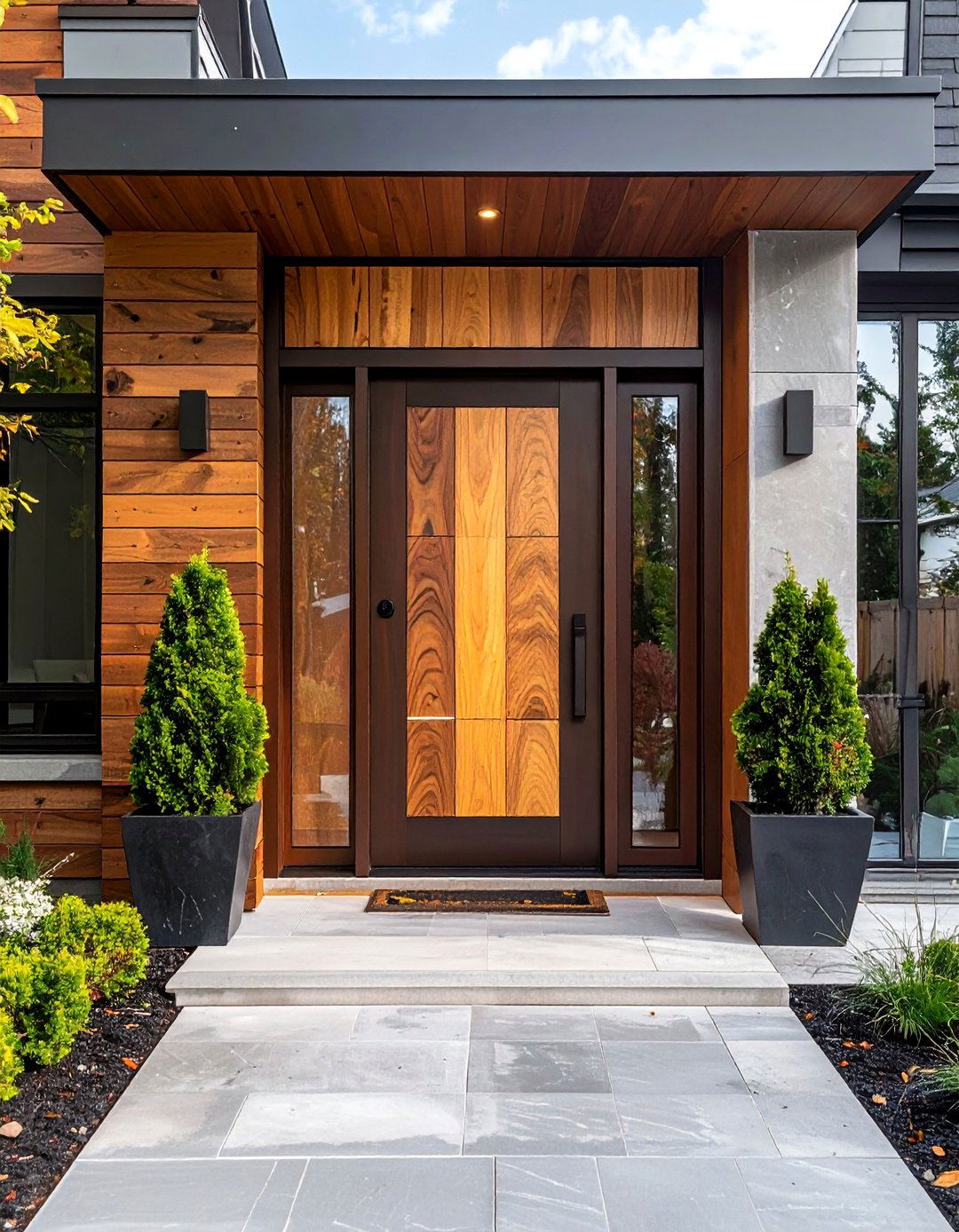 Two Tone Stained Front Door with Natural Wood Grain - 25 Elegant Stained Front Door Ideas for Curb Appeal