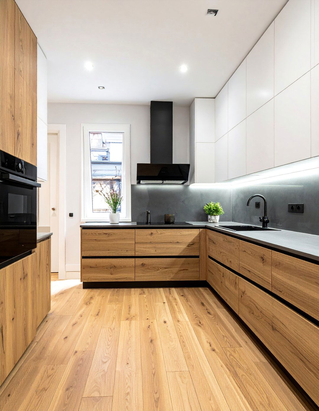 Two Tone White and Wood Cabinets With Black Appliances - 20 What Color Cabinets Go With Black Appliances Ideas