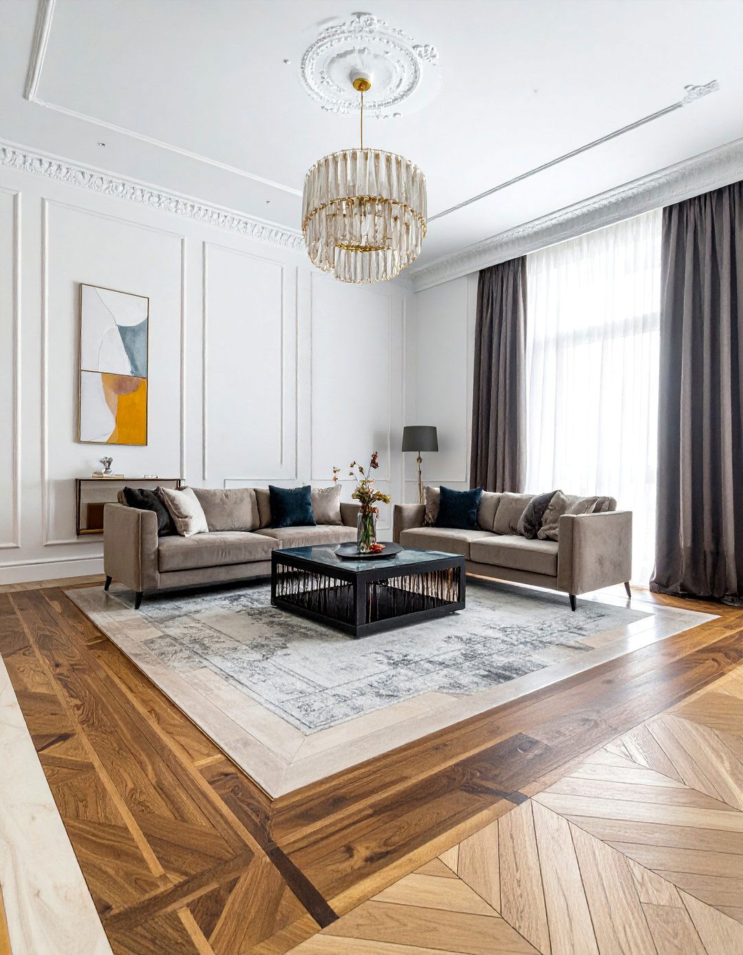 Two Tone Wood Inlay Living Room Floor - 25 Beautiful Living Room Wood Floor Ideas