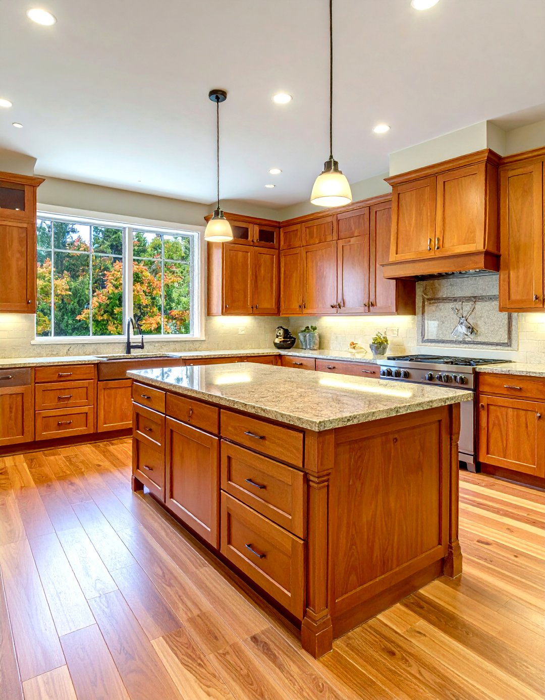 U Shaped Kitchen Layout with Natural Cherry Cabinets - 15 Natural Cherry Kitchen Cabinets for Warmth