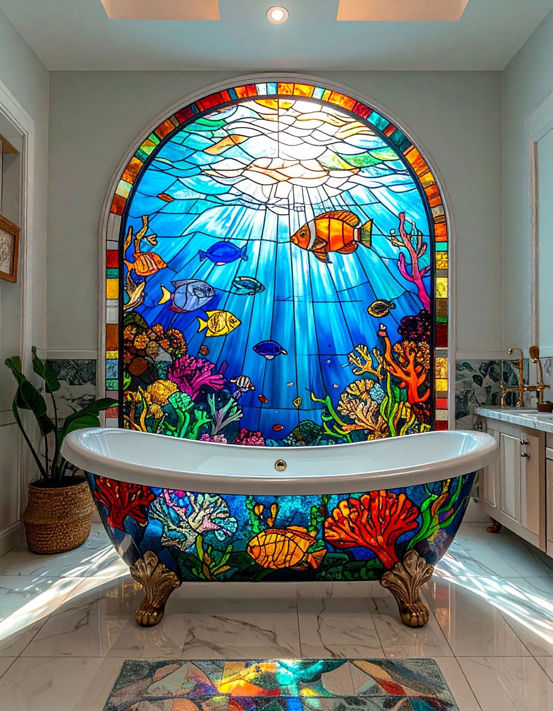 Underwater Marine Life Stained Glass Scene - 20 Stained Glass Bathtub Ideas for a Luxurious Bathroom