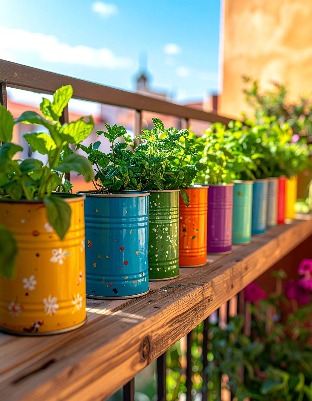 Upcycled Tin Can Balcony Herb Garden - 20 Balcony Herb Garden Ideas for Fresh Flavors at Home