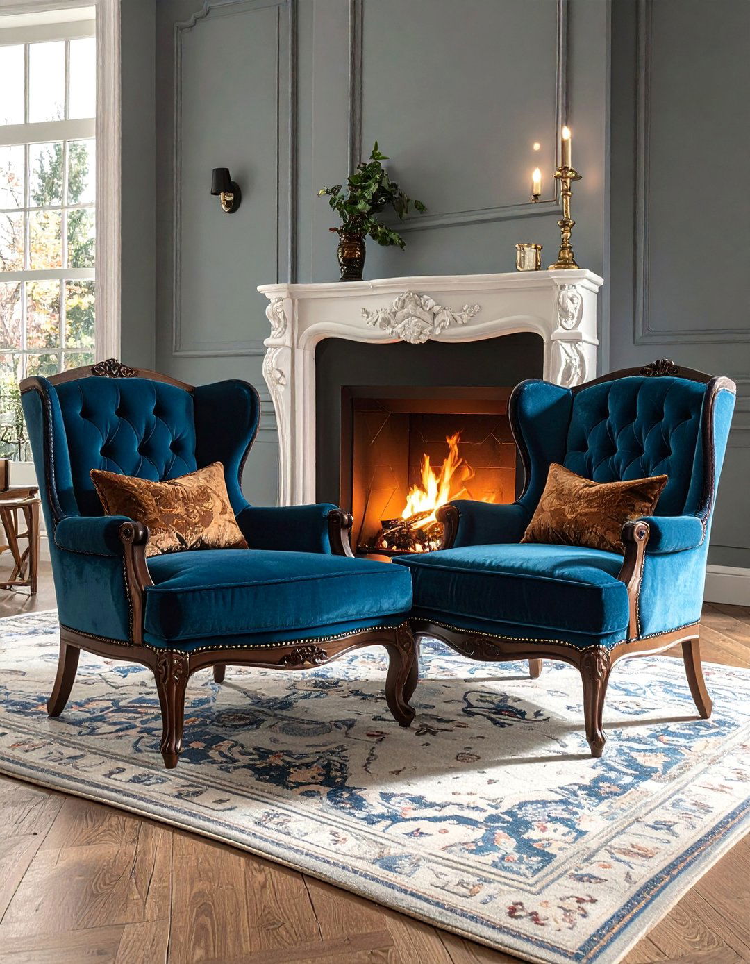 Upholstered Bergere Chairs with Ottoman - 20 Cozy Chairs in Front of Fireplace Ideas for Your Home