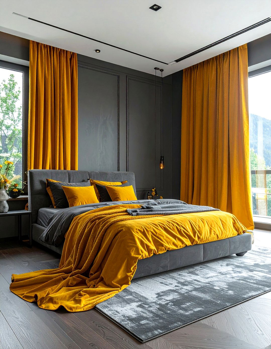 Using Yellow Curtains as a Focal Point in a Grey Room - 25 Yellow and Grey Bedroom Ideas for Modern Interiors