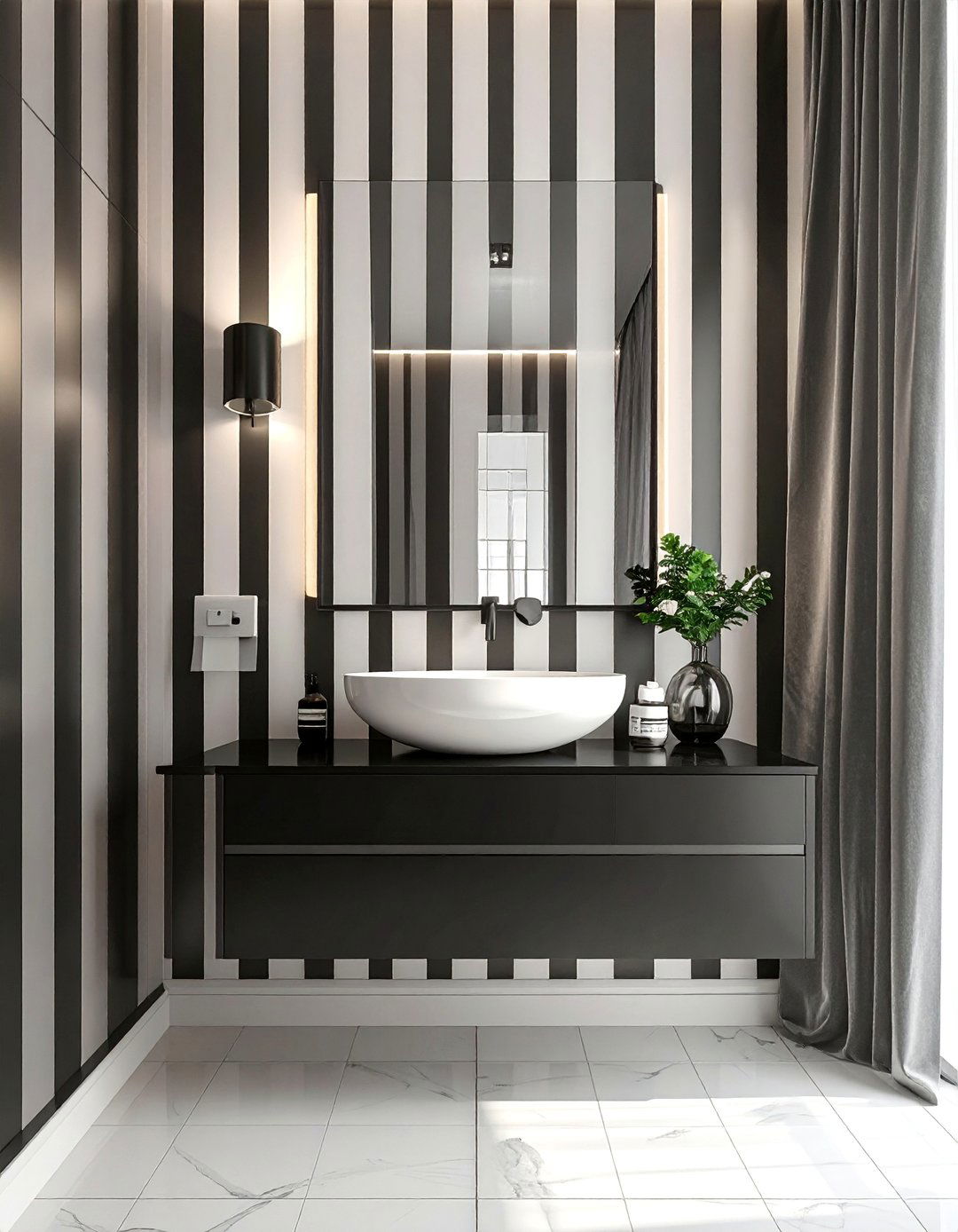 Vertical Black and White Striped Walls - 20 Black and White Powder Room Ideas for Modern Homes