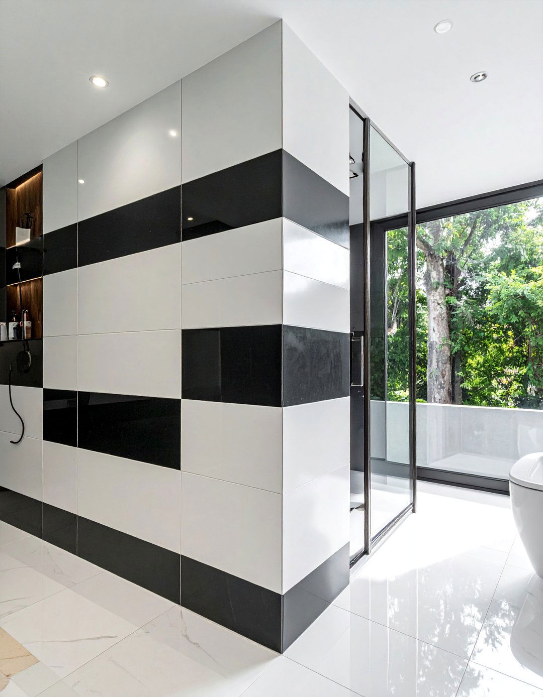 Vertical Stripe Black and White Bathroom Tile - 20 Black and White Bathroom Tile Ideas for a Sleek Look