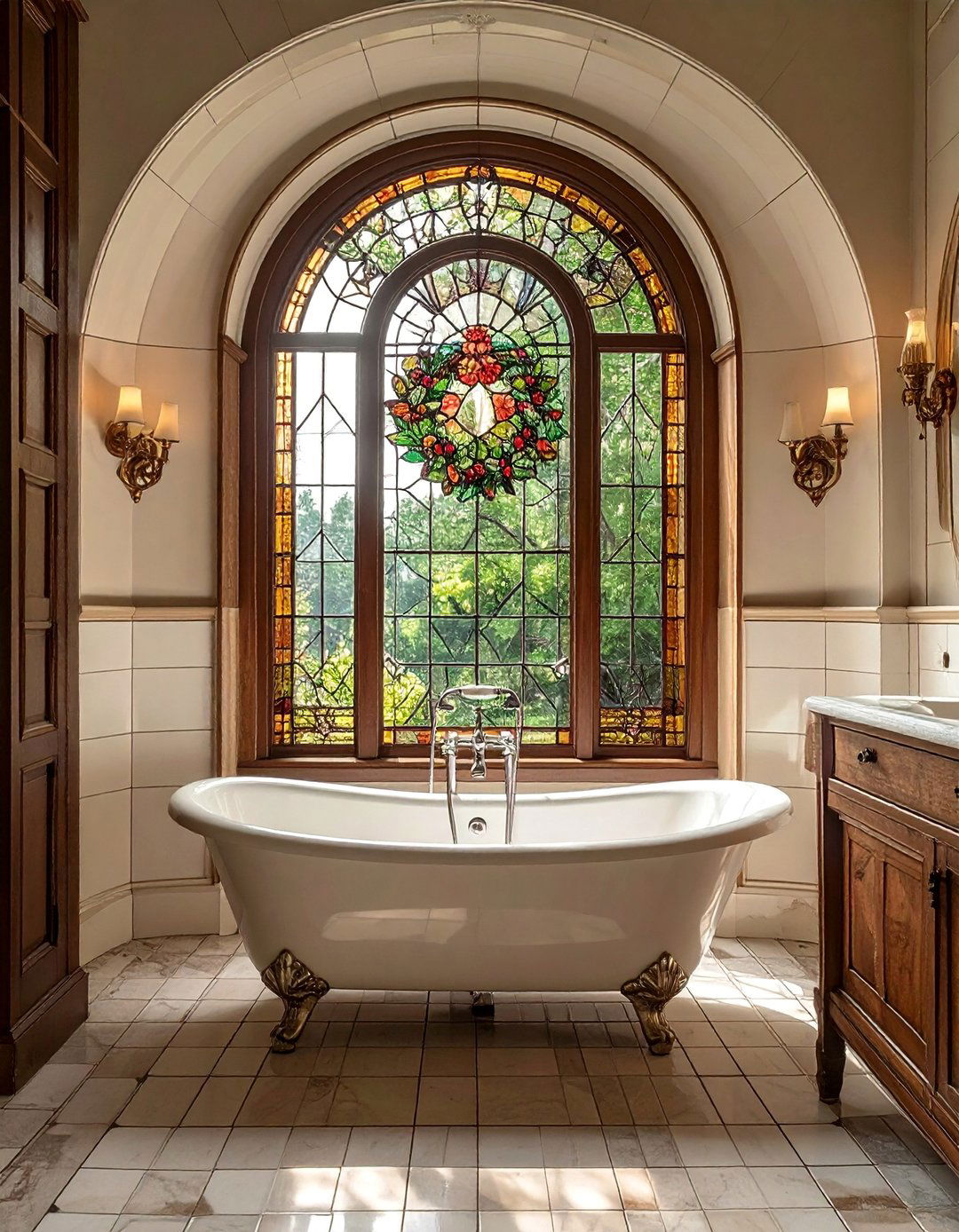Victorian Floral Wreath Stained Glass for a Bay Window Bathtub - 20 Stained Glass Bathtub Ideas for a Luxurious Bathroom