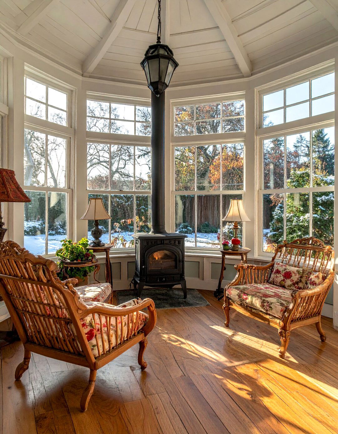 Victorian Sunroom Featuring a Freestanding Potbelly Stove - 25 Victorian Sunroom Ideas for a Classic Retreat