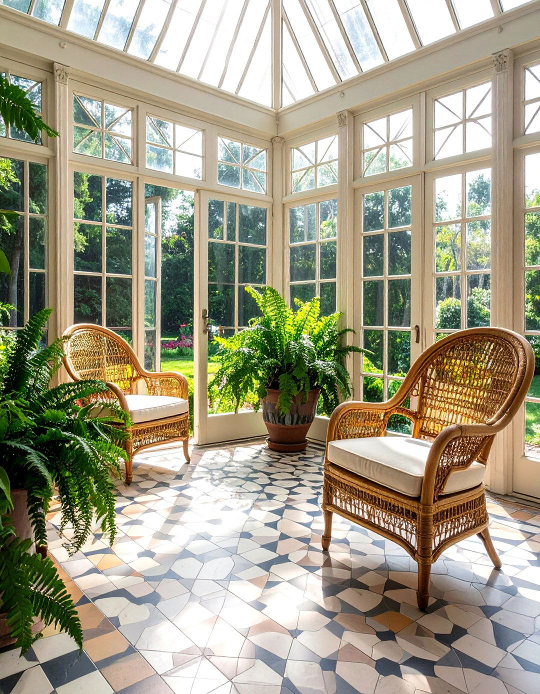 Victorian Sunroom Featuring a Tiled Mosaic Floor - 25 Victorian Sunroom Ideas for a Classic Retreat