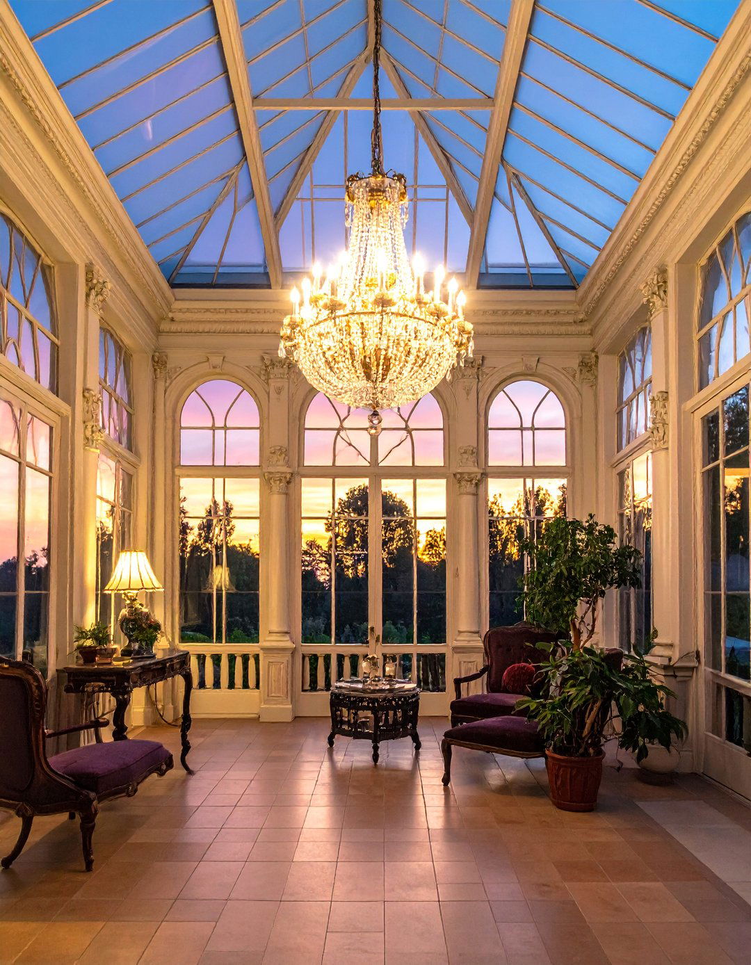 Victorian Sunroom Illuminated by a Crystal Chandelier - 25 Victorian Sunroom Ideas for a Classic Retreat