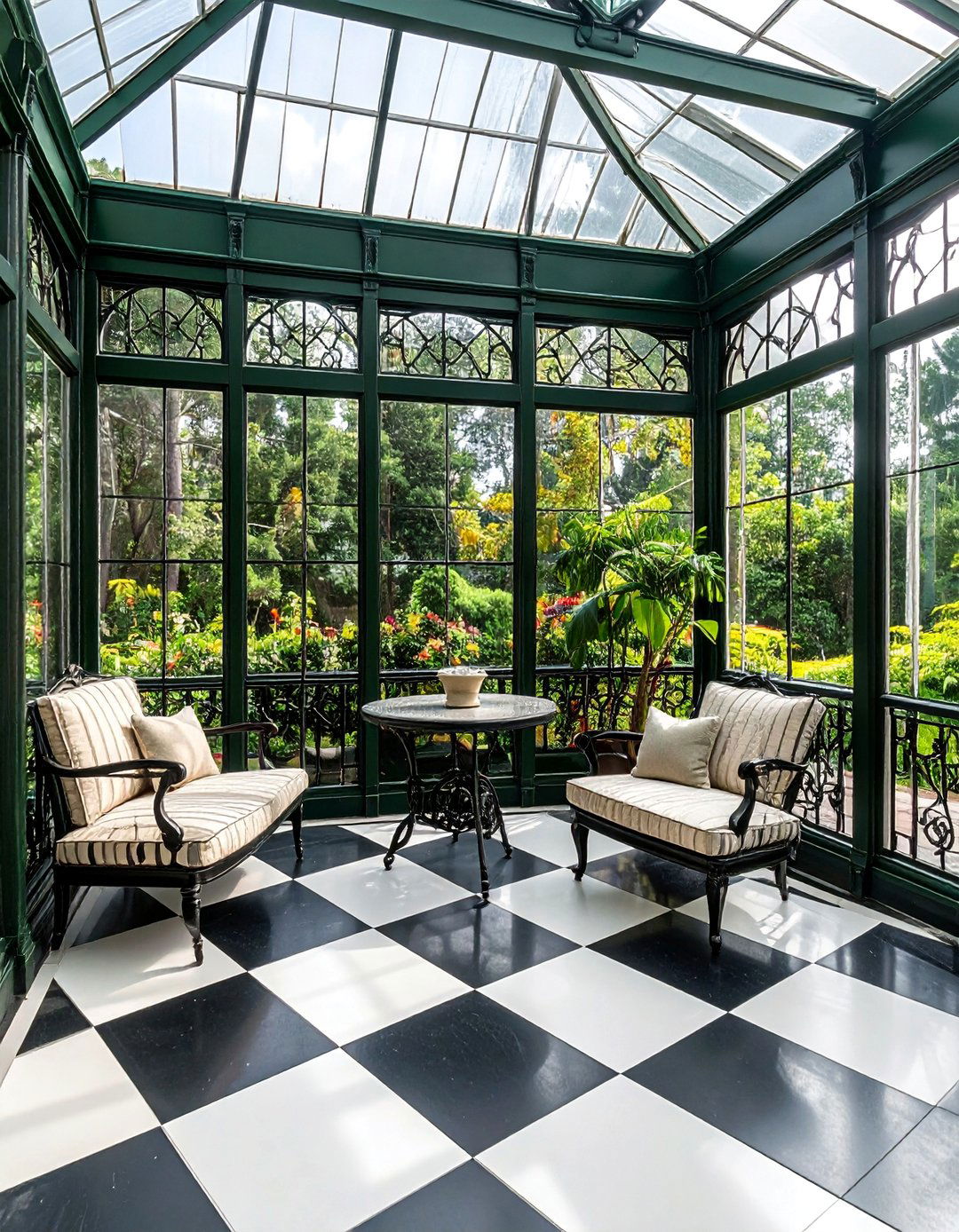 Victorian Sunroom with a Checkered Floor Pattern - 25 Victorian Sunroom Ideas for a Classic Retreat