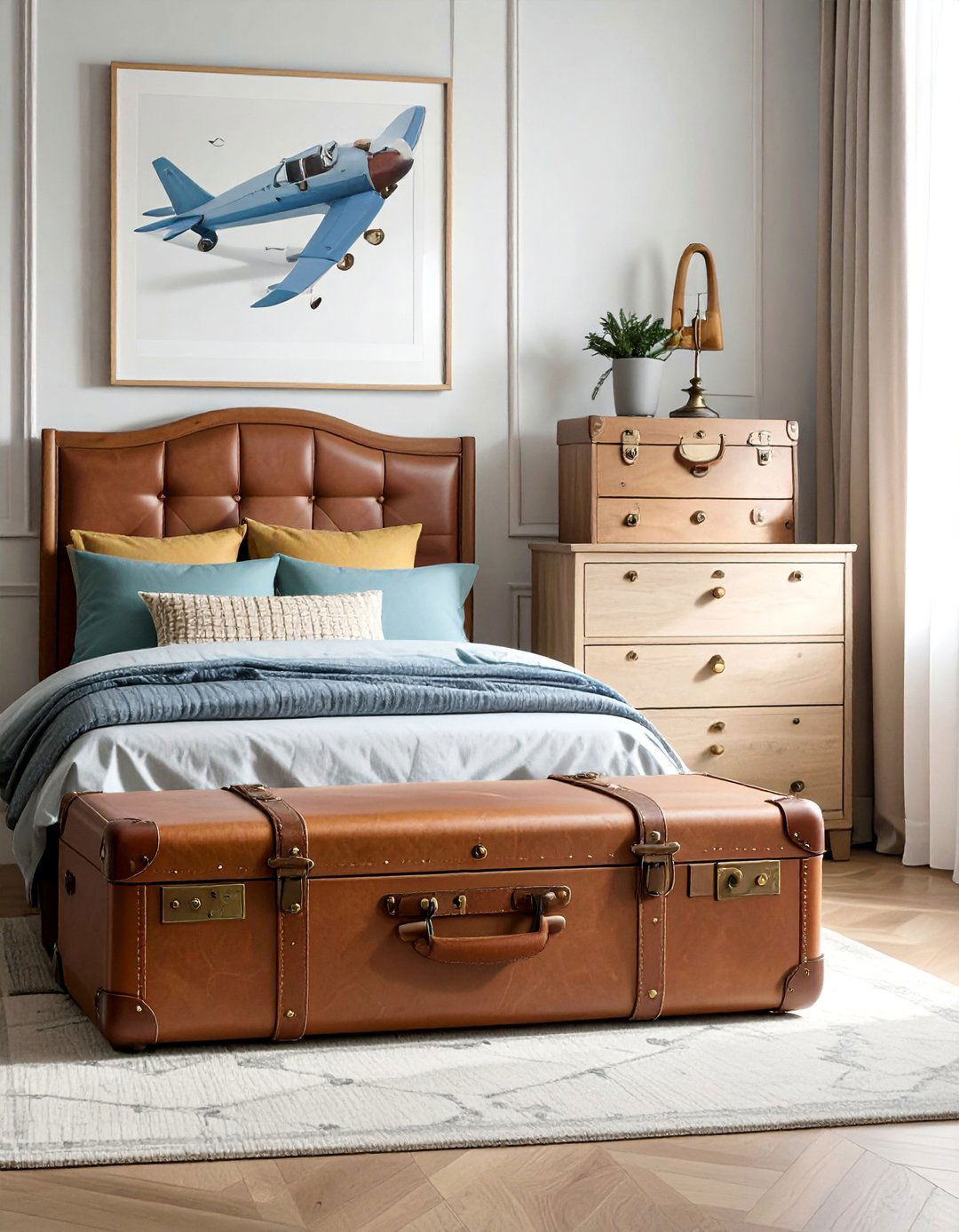 Vintage Suitcase Storage Solutions - 20 Airplane Bedroom Decor Ideas for Kids' Rooms