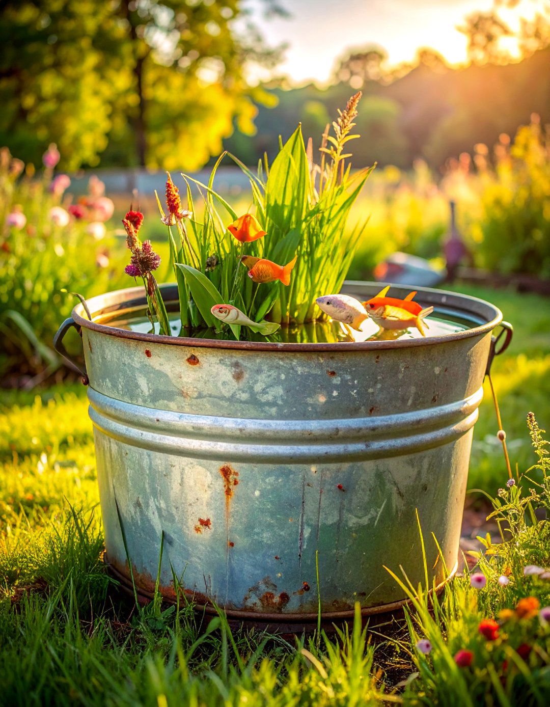 Vintage Washtub Fish Pond - 15 Container Fish Pond Ideas for a Beautiful Outdoor Space