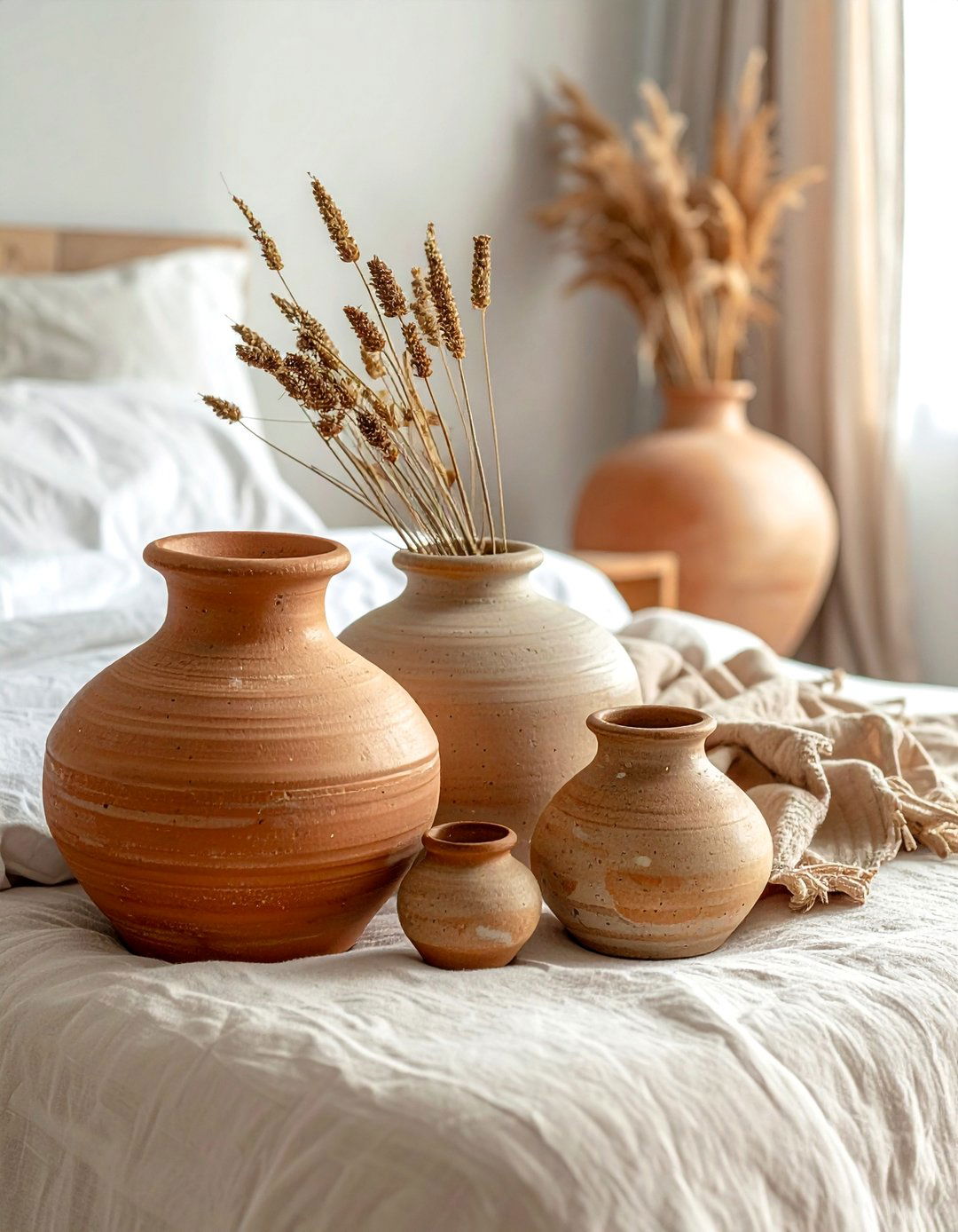 Wabi Sabi Bedroom Decorated with Clay Pottery - 20 Wabi Sabi Bedroom Ideas for a Serene Retreat