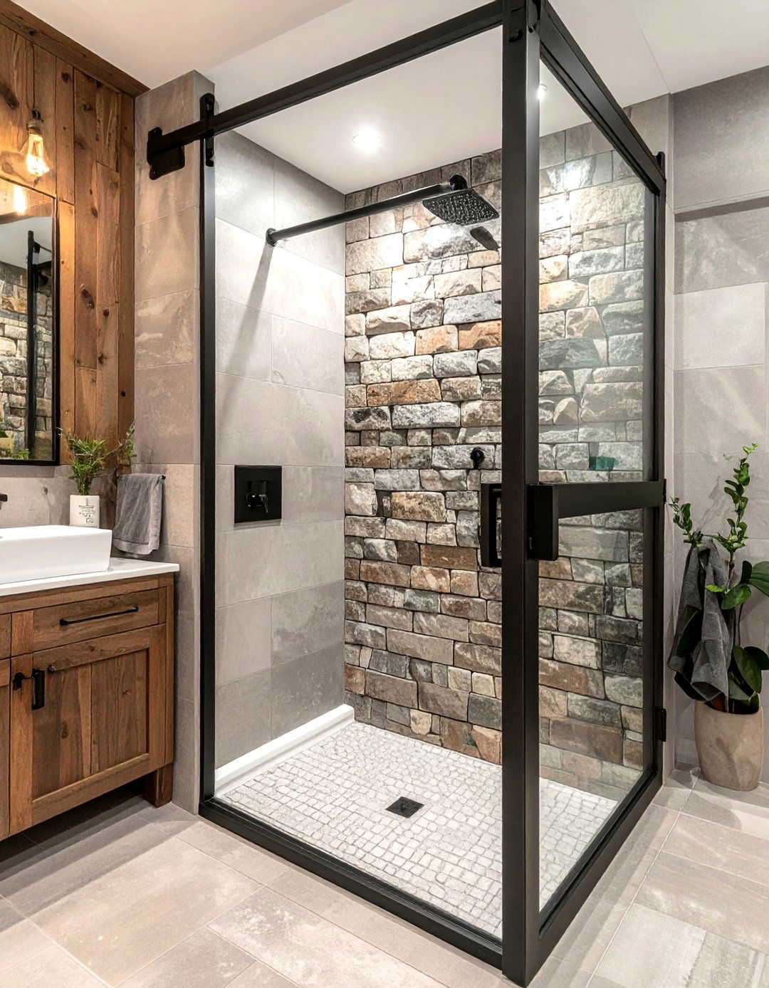 Walk in Shower Design with a Barn Door Style Glass Enclosure - 25 Rustic Walk-in Shower Ideas for a Cozy Bathroom