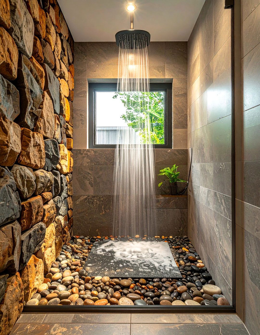 Walk in Shower Featuring River Rock Floor and Wall Accents - 25 Rustic Walk-in Shower Ideas for a Cozy Bathroom