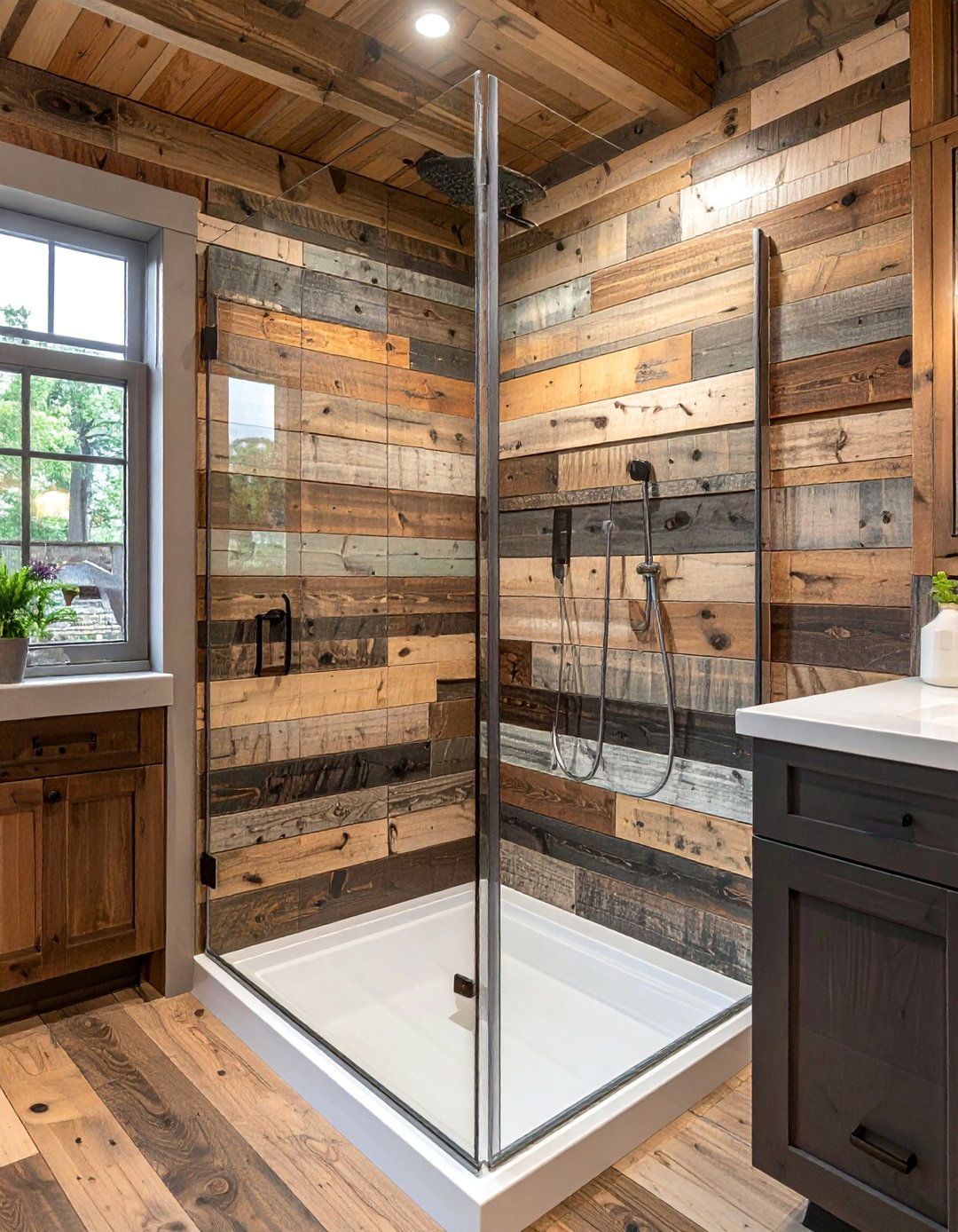 Walk in Shower Featuring a Reclaimed Wood Accent Wall - 25 Rustic Walk-in Shower Ideas for a Cozy Bathroom