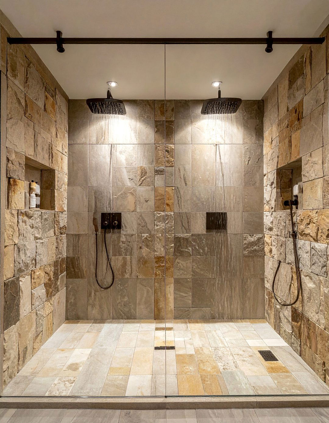 Walk in Shower with Dual Shower Heads for a Shared Space - 25 Rustic Walk-in Shower Ideas for a Cozy Bathroom