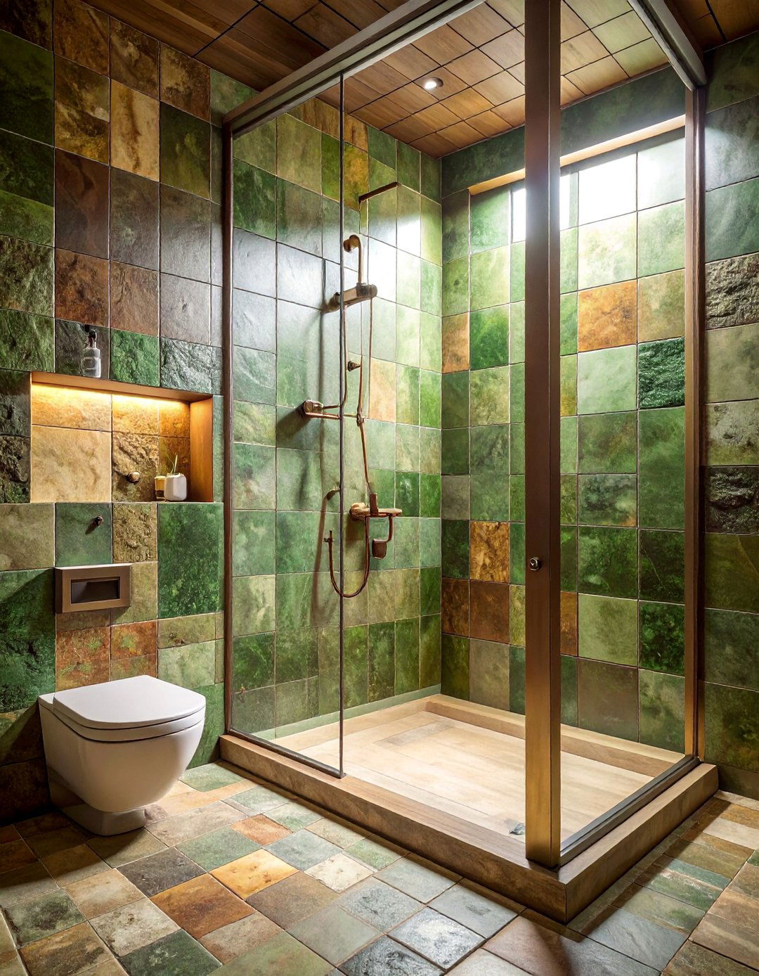 Walk in Shower with Earthy Green or Blue Terracotta Tiles - 25 Rustic Walk-in Shower Ideas for a Cozy Bathroom