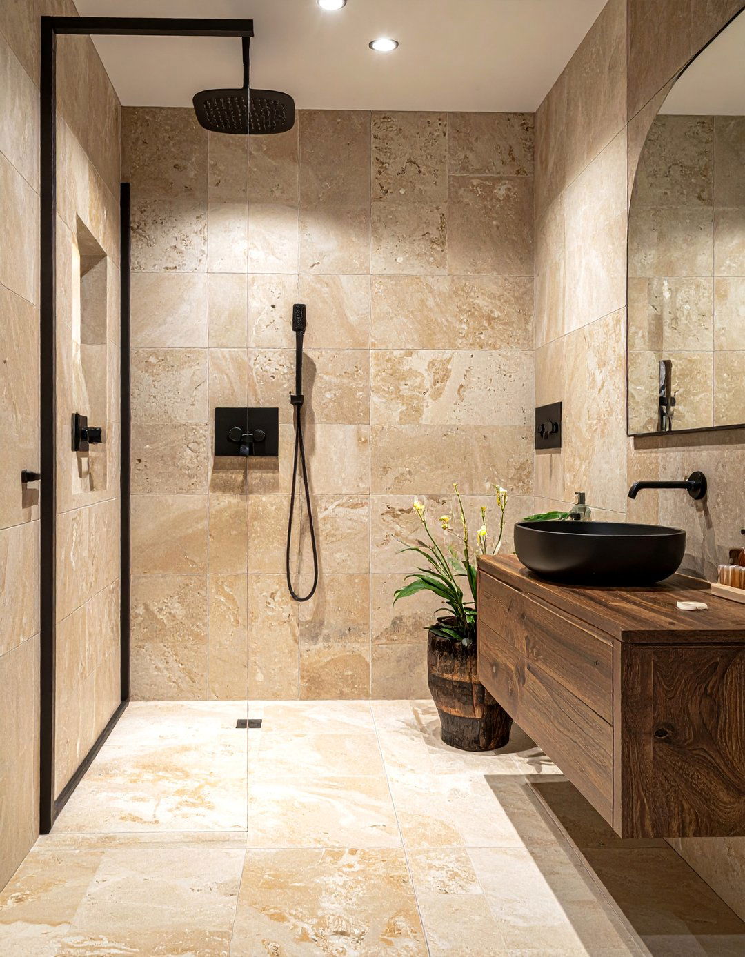Walk in Shower with Matte Black Fixtures for a Modern Rustic Look - 25 Rustic Walk-in Shower Ideas for a Cozy Bathroom