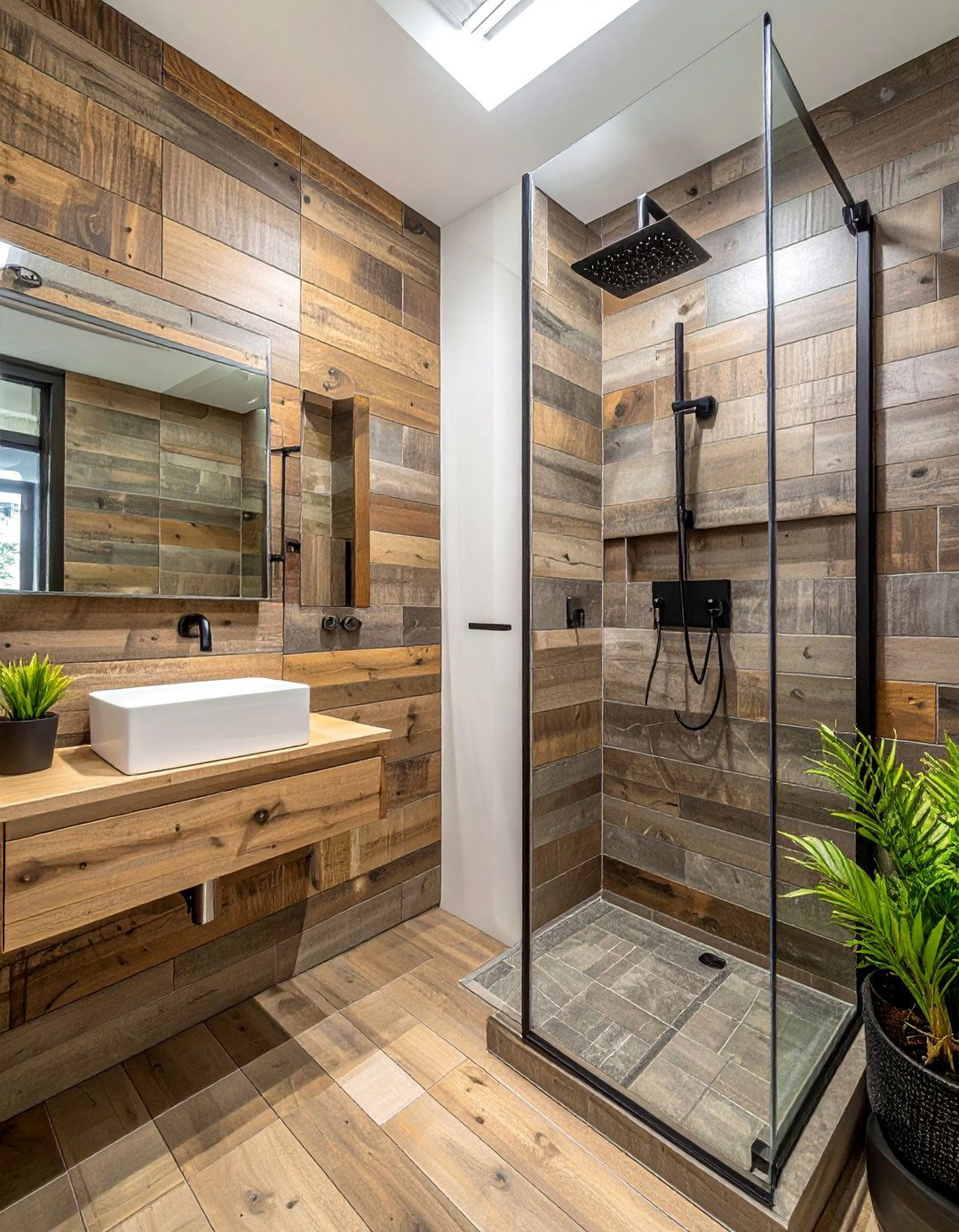 Walk in Shower with Reclaimed Wood Look Porcelain Tile - 25 Rustic Walk-in Shower Ideas for a Cozy Bathroom