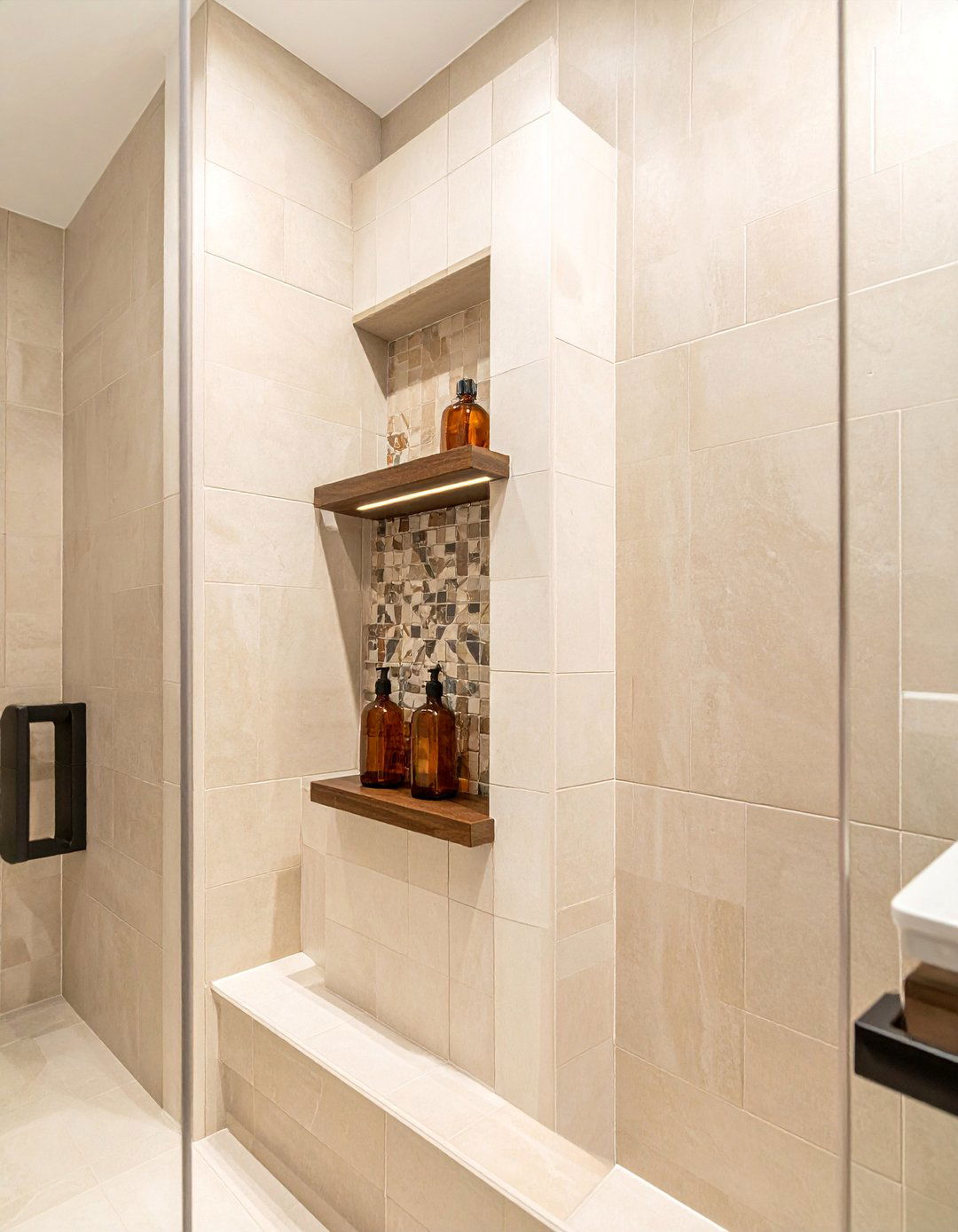 Walk in Shower with a Built in Tiled Niche and Wood Shelving - 25 Rustic Walk-in Shower Ideas for a Cozy Bathroom