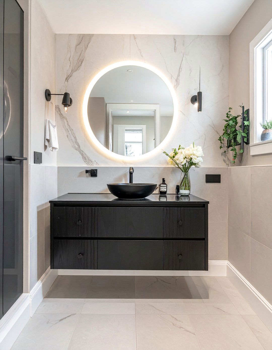 Wall Mounted Black Vanity in a Small Bathroom - 20 Black Vanity Bathroom Ideas for a Modern Touch