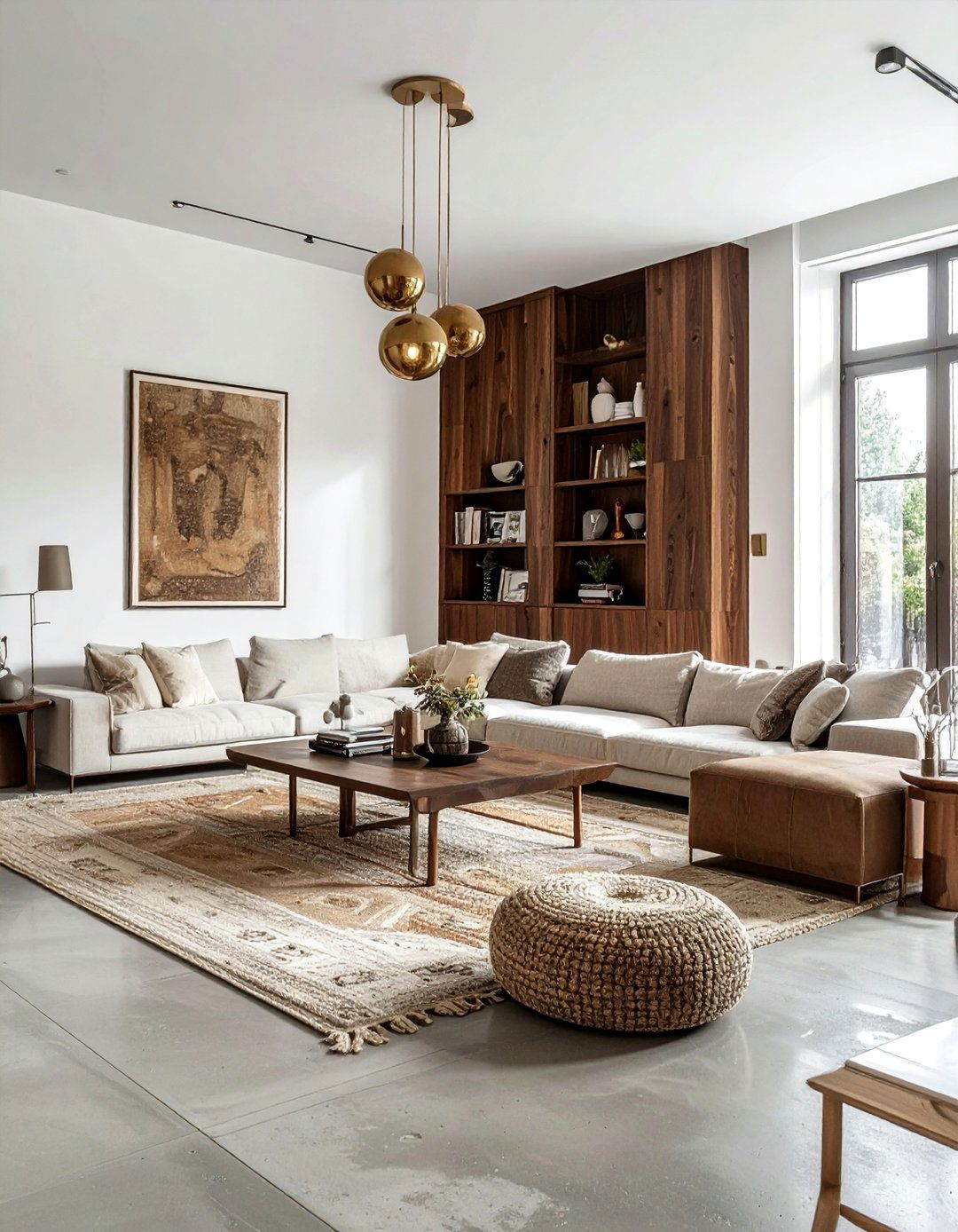 Warm Wood Accent Integration - 20 Concrete Floor Living Room Ideas for Modern Homes