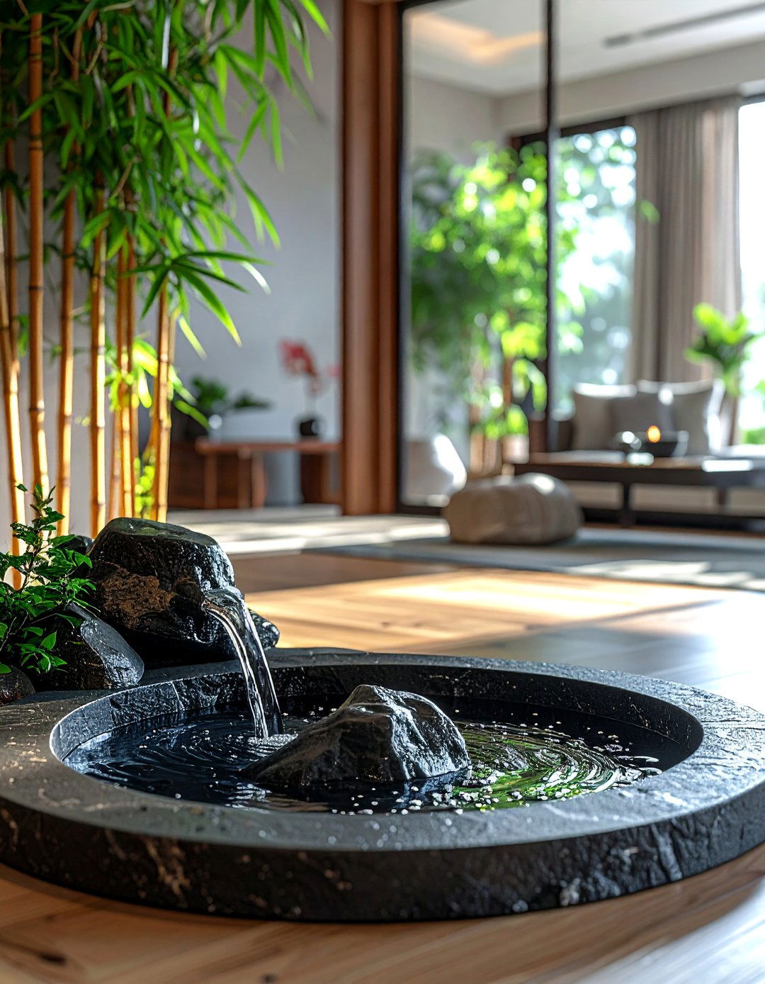 Water Feature for Serenity - 25 Asian Living Room Ideas for a Zen-Inspired Space
