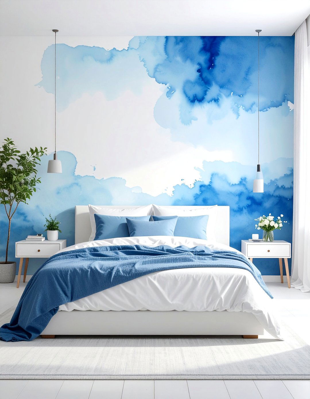 Watercolor Inspired Blue and White Bedroom - 25 Blue and White Bedroom Ideas for a Calm Retreat
