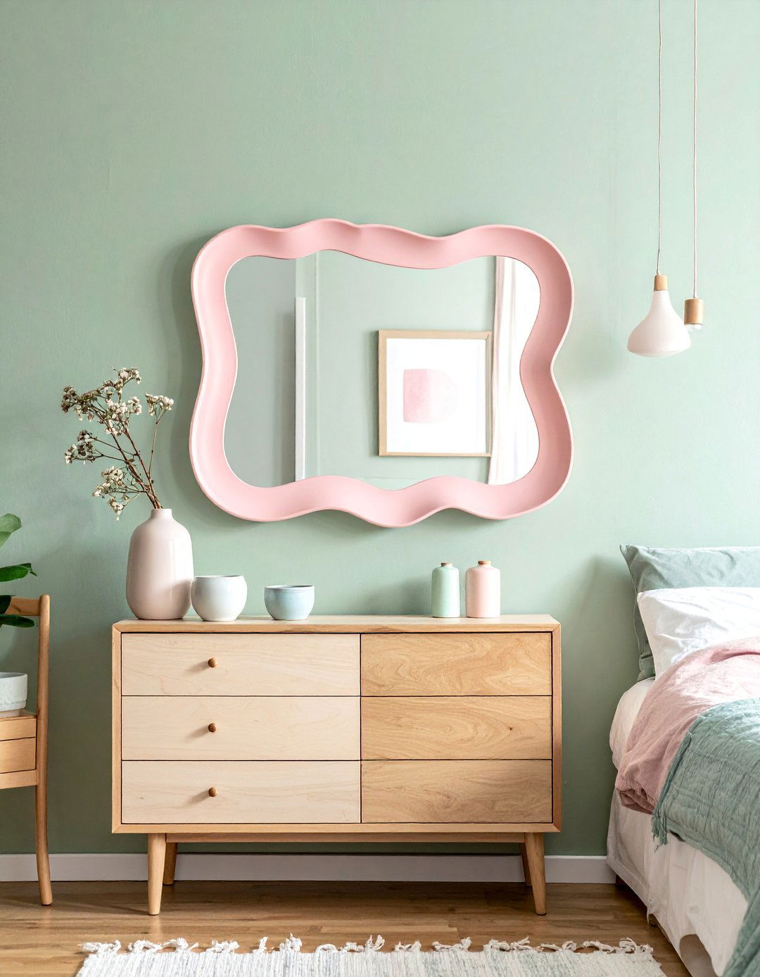 Whimsical Wavy Mirror Statement - 25 Danish Pastel Room Ideas for a Soft, Minimalist Aesthetic