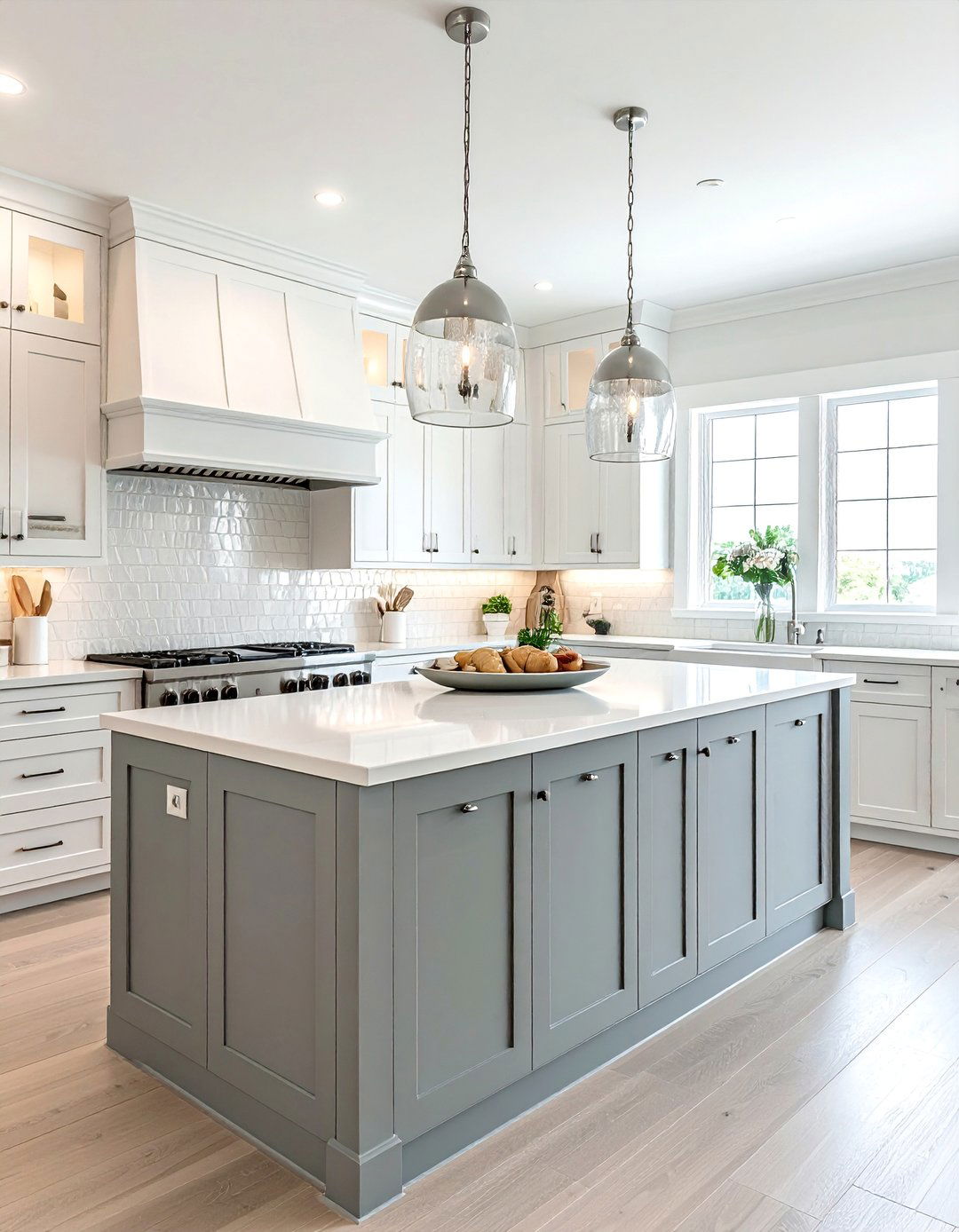 White Beaded Cabinets With a Dove Grey Island - 15 White Kitchen Cabinets With Grey Island Ideas