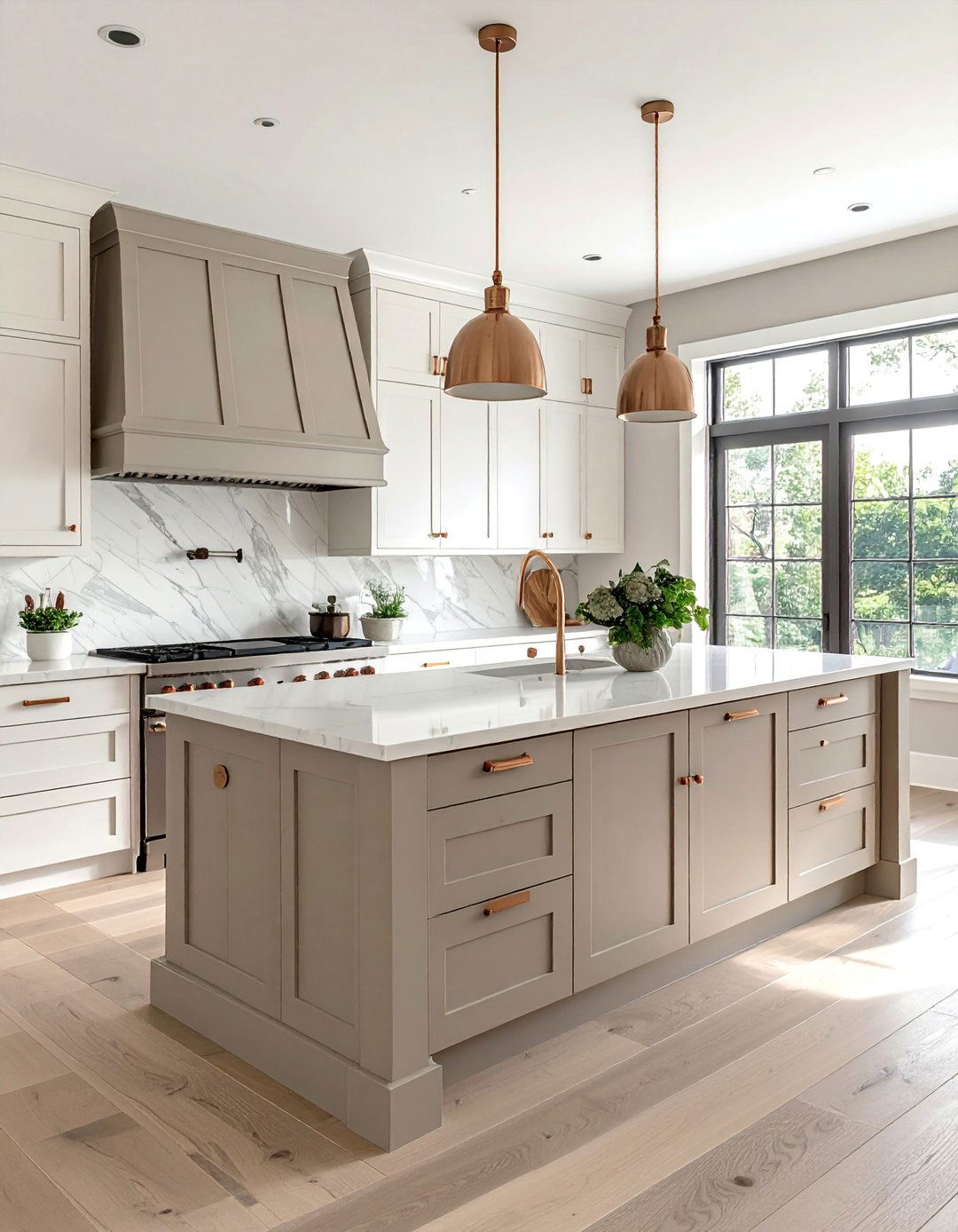 White Cabinets With a Greige Island for Warmth - 15 White Kitchen Cabinets With Grey Island Ideas