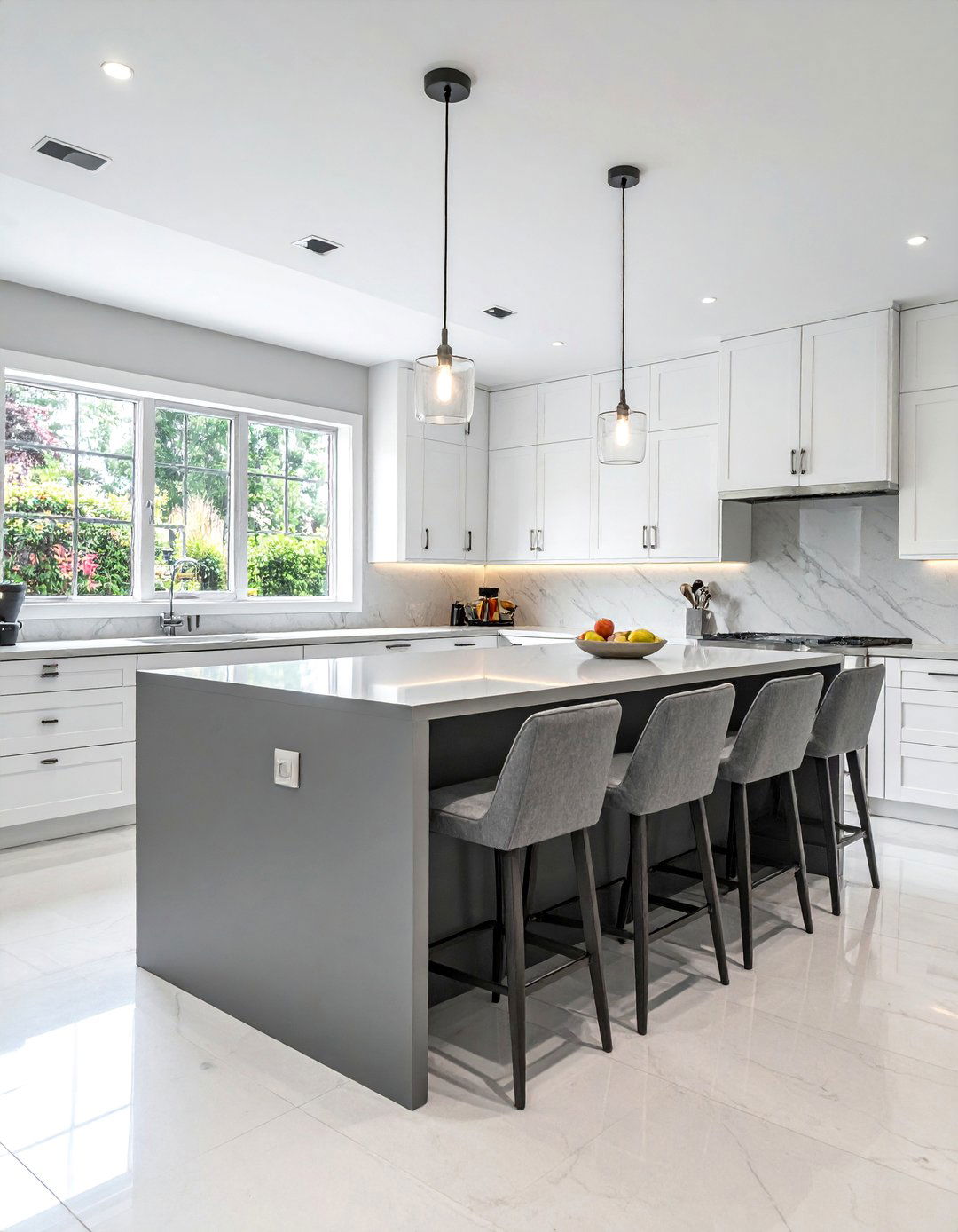 White Cabinets With a Large Grey Island With Seating - 15 White Kitchen Cabinets With Grey Island Ideas