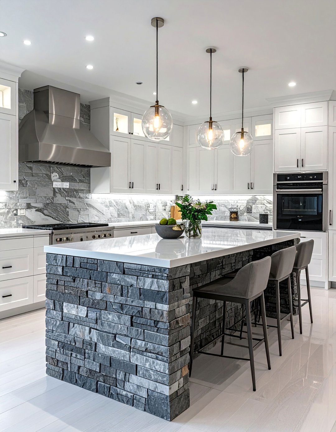 White Cabinets With a Multi Tonal Grey Stone Clad Island - 15 White Kitchen Cabinets With Grey Island Ideas