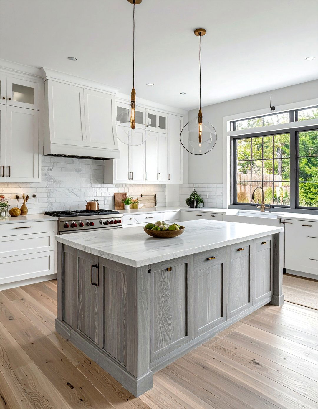 White Cabinets With a Textured Grey Wood Island - 15 White Kitchen Cabinets With Grey Island Ideas