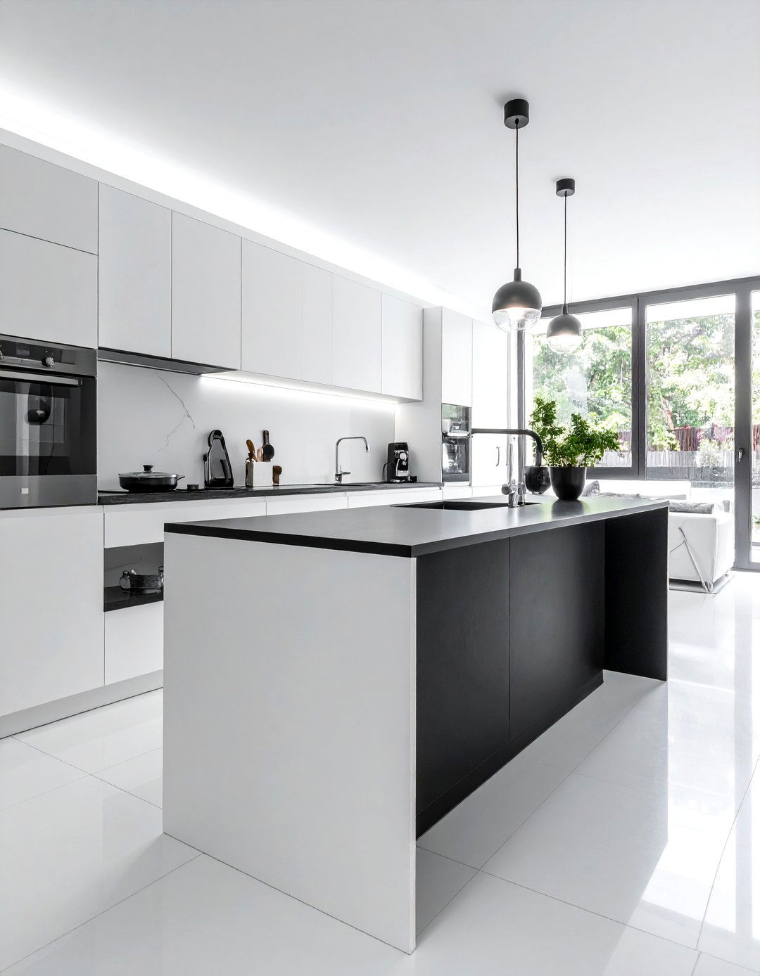 White Galley Kitchen With A Narrow Black Island - 20 White Kitchen Ideas With Black Island for Contrast