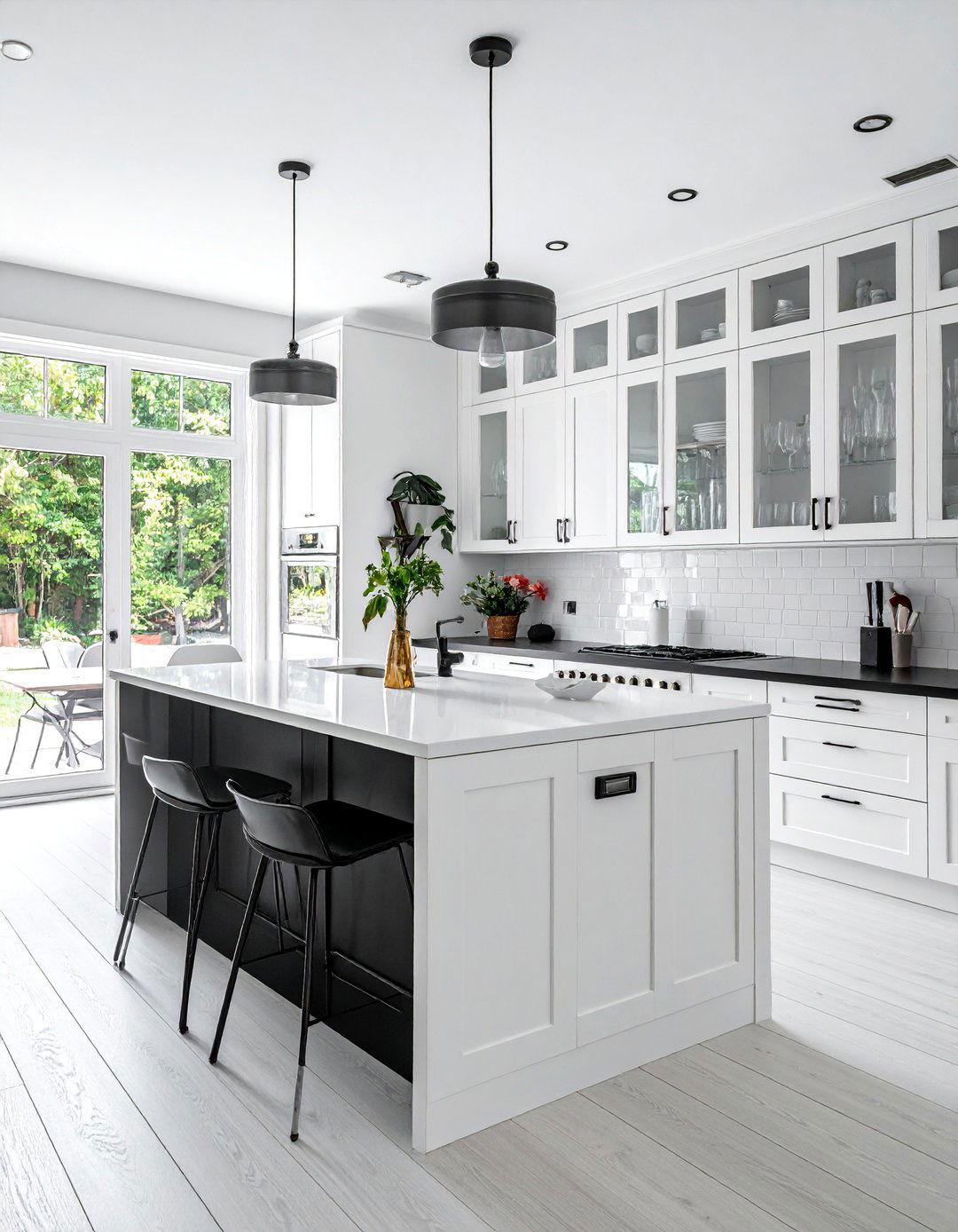 White Kitchen With A Black Island And Glass Front Cabinets - 20 White Kitchen Ideas With Black Island for Contrast