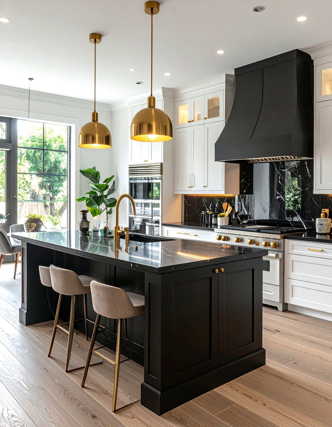 White Kitchen With A Black Island And Gold Hardware - 20 White Kitchen Ideas With Black Island for Contrast