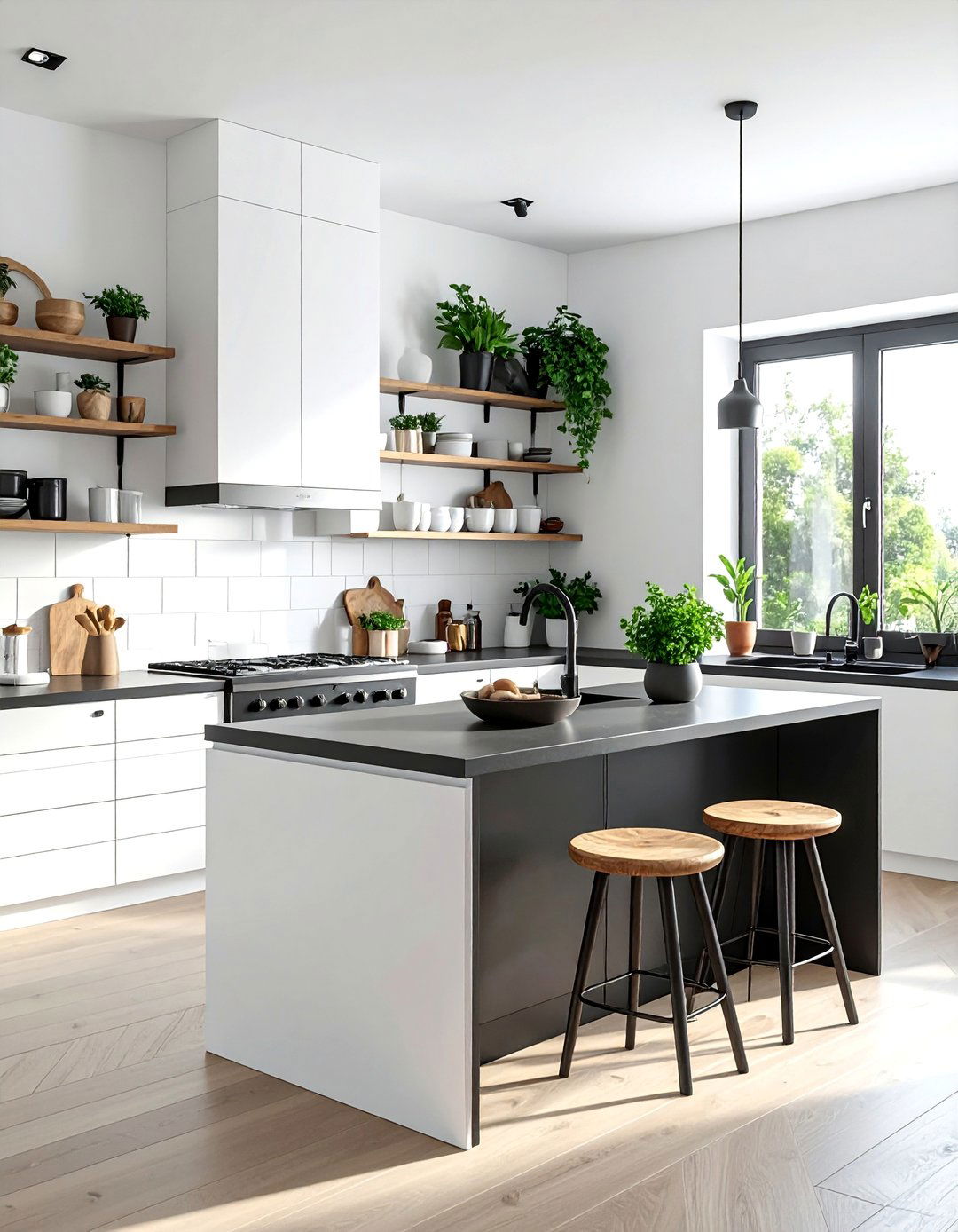 White Kitchen With A Black Island And Open Shelving - 20 White Kitchen Ideas With Black Island for Contrast