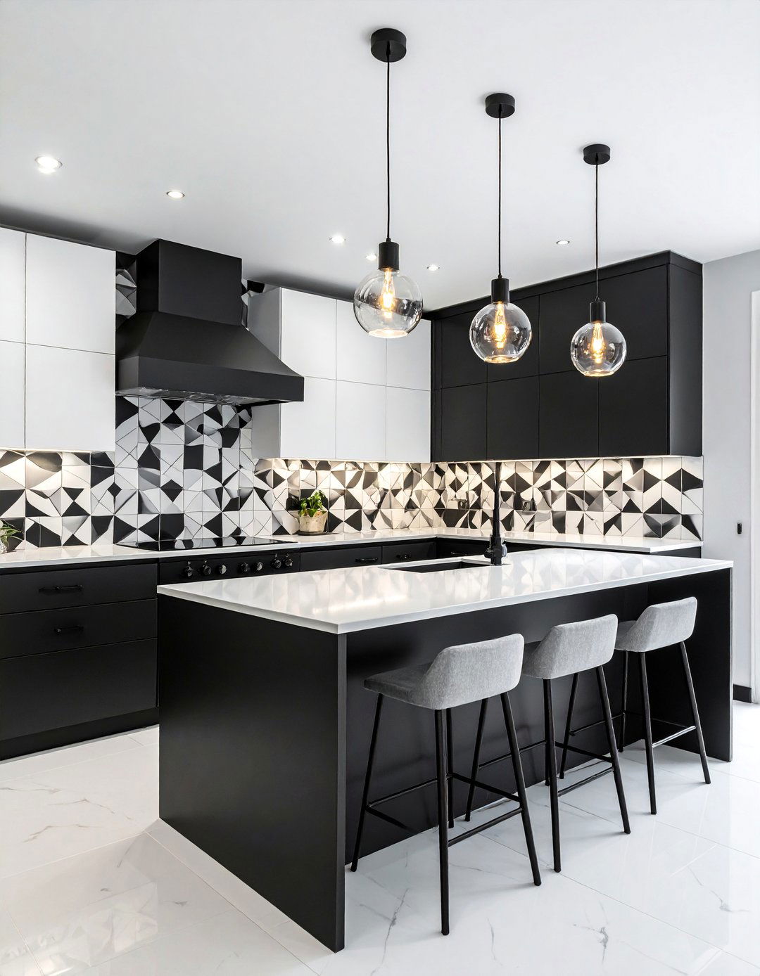 White Kitchen With A Black Island And Patterned Backsplash - 20 White Kitchen Ideas With Black Island for Contrast