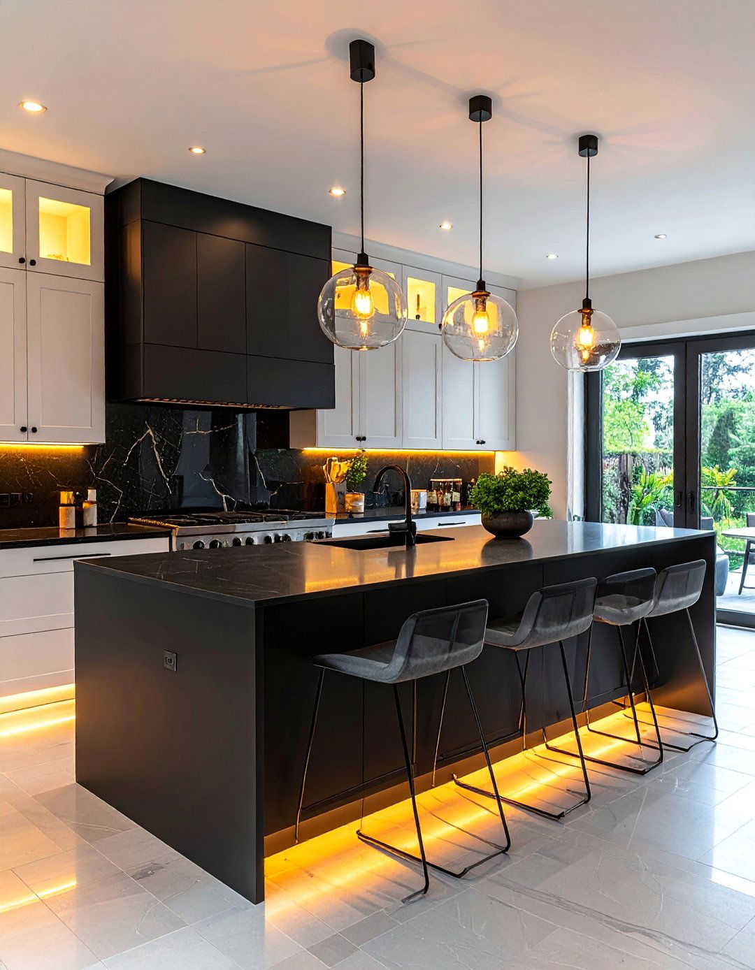 White Kitchen With A Black Island And Pendant Lighting - 20 White Kitchen Ideas With Black Island for Contrast
