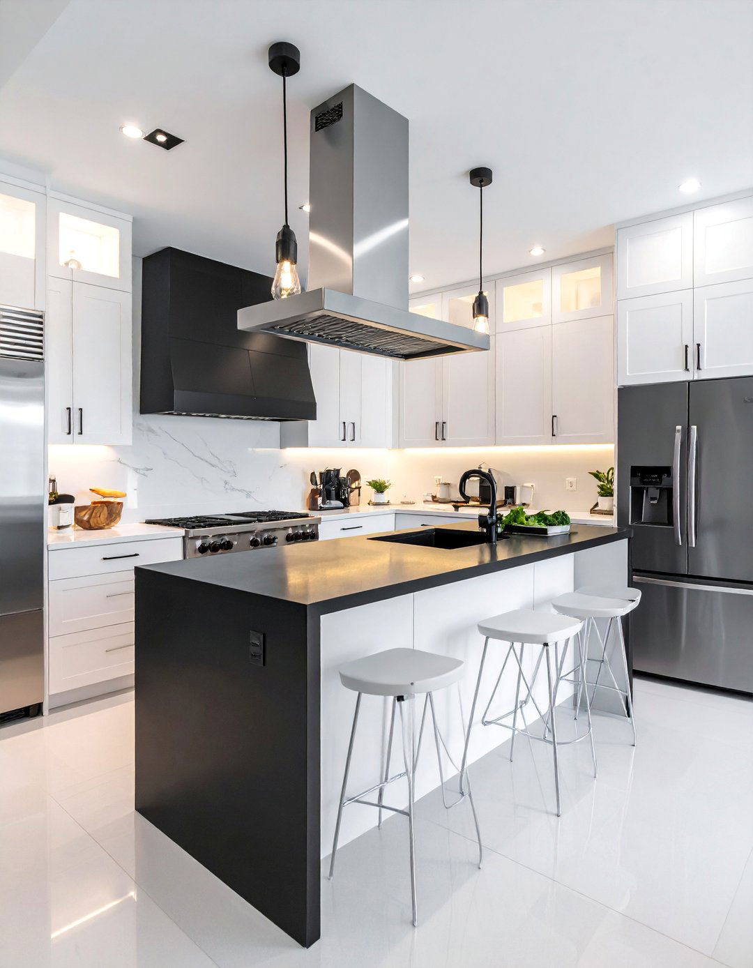 White Kitchen With A Black Island And Stainless Steel Appliances - 20 White Kitchen Ideas With Black Island for Contrast