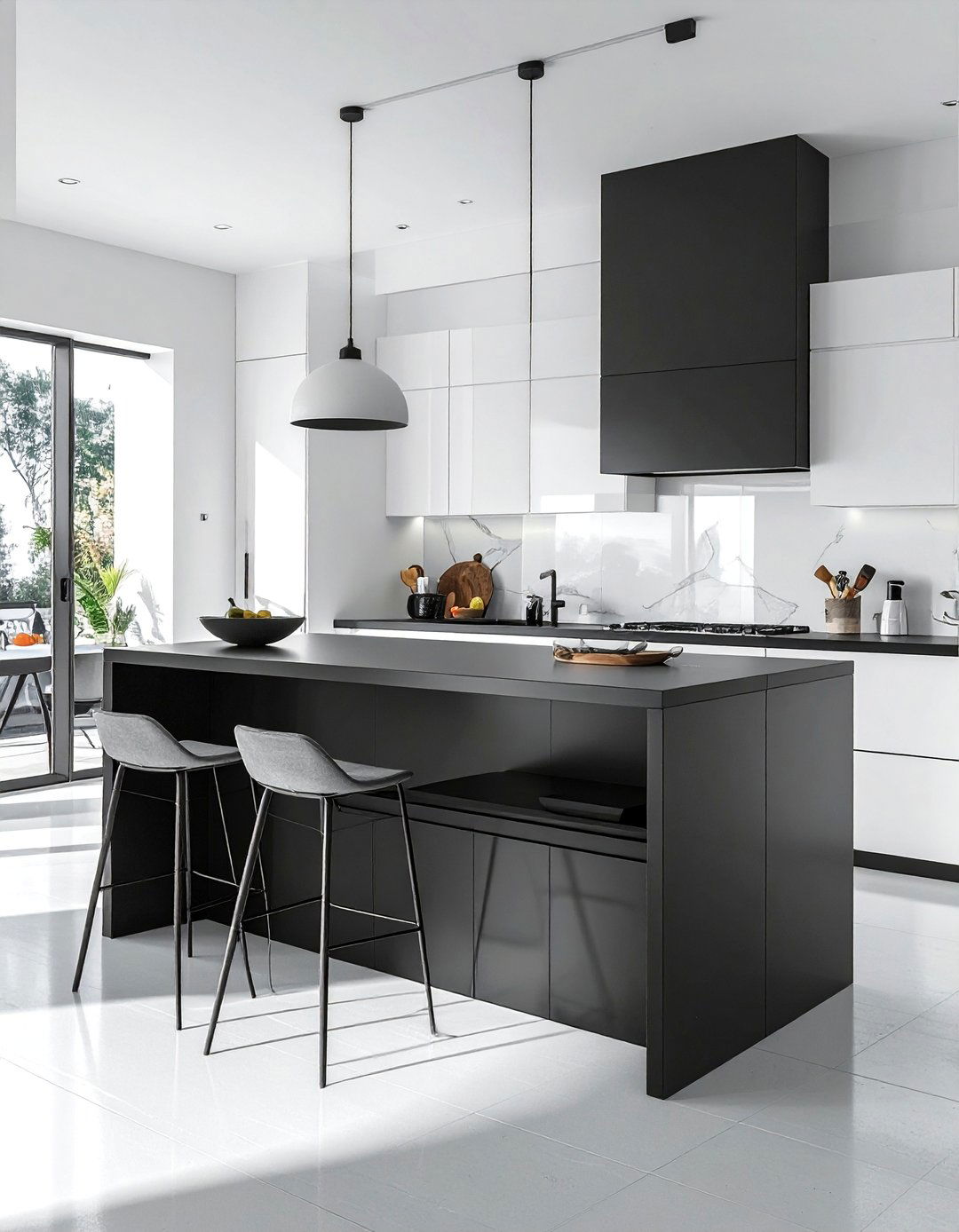 White Kitchen With A Black Island And Two Tiers - 20 White Kitchen Ideas With Black Island for Contrast