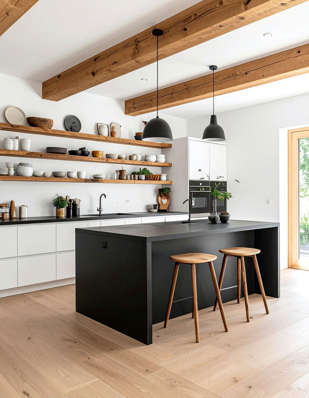 White Kitchen With A Black Island And Wood Accents - 20 White Kitchen Ideas With Black Island for Contrast