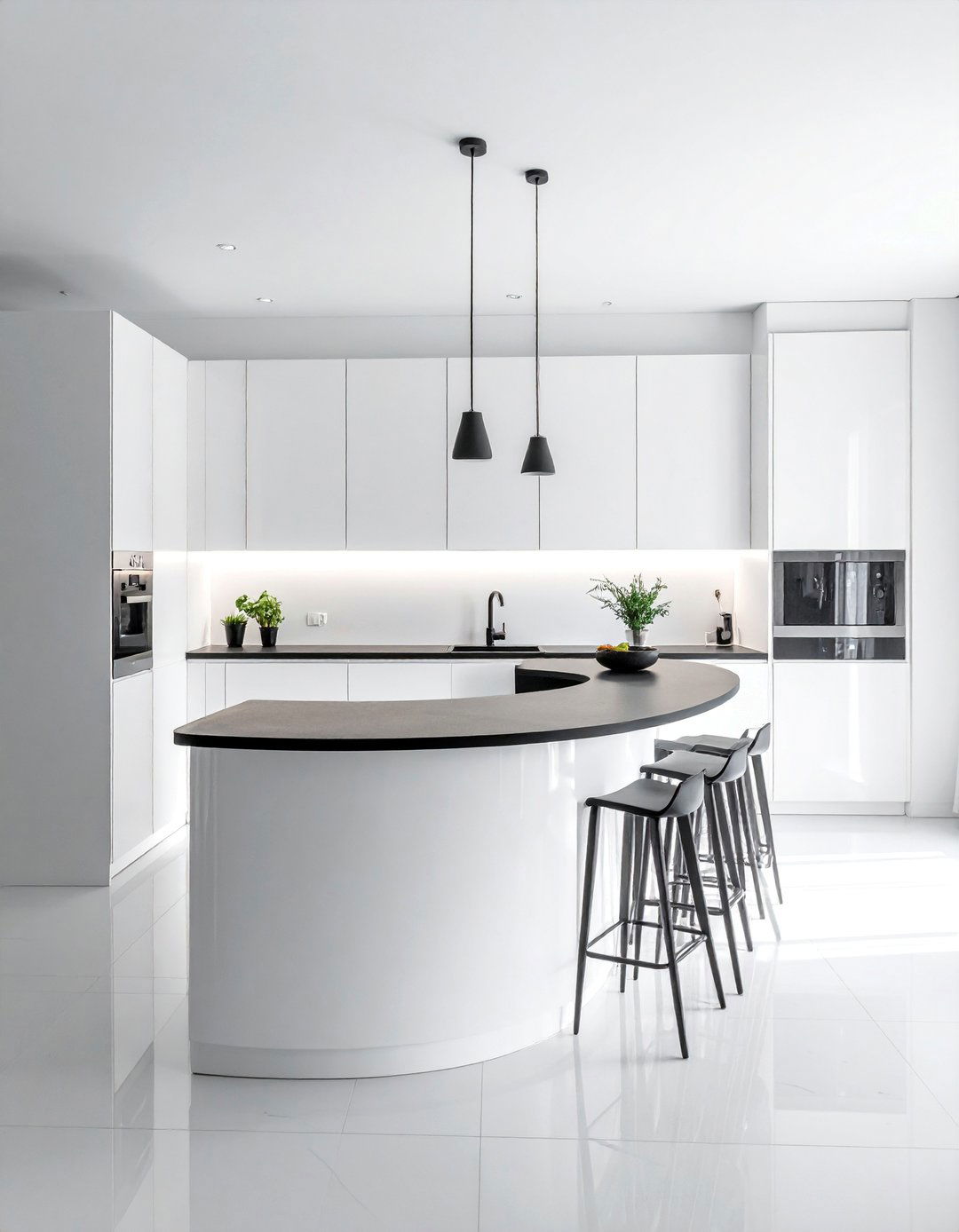 White Kitchen With A Curved Black Island - 20 White Kitchen Ideas With Black Island for Contrast