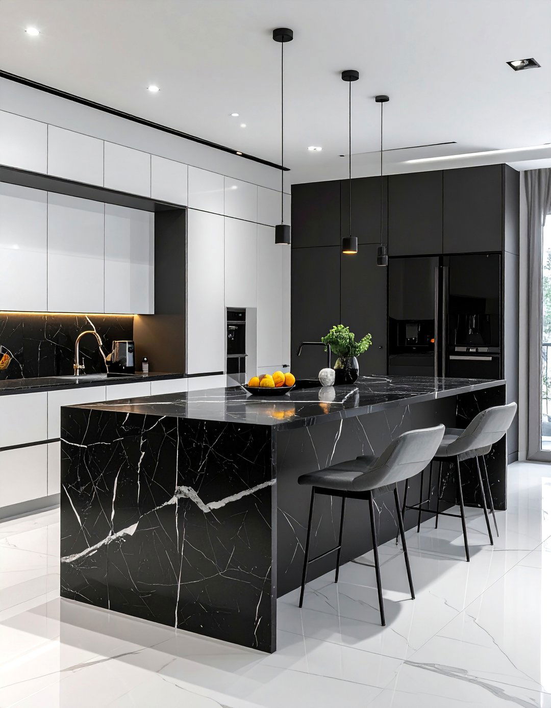 White Kitchen With A Marble Black Island - 20 White Kitchen Ideas With Black Island for Contrast
