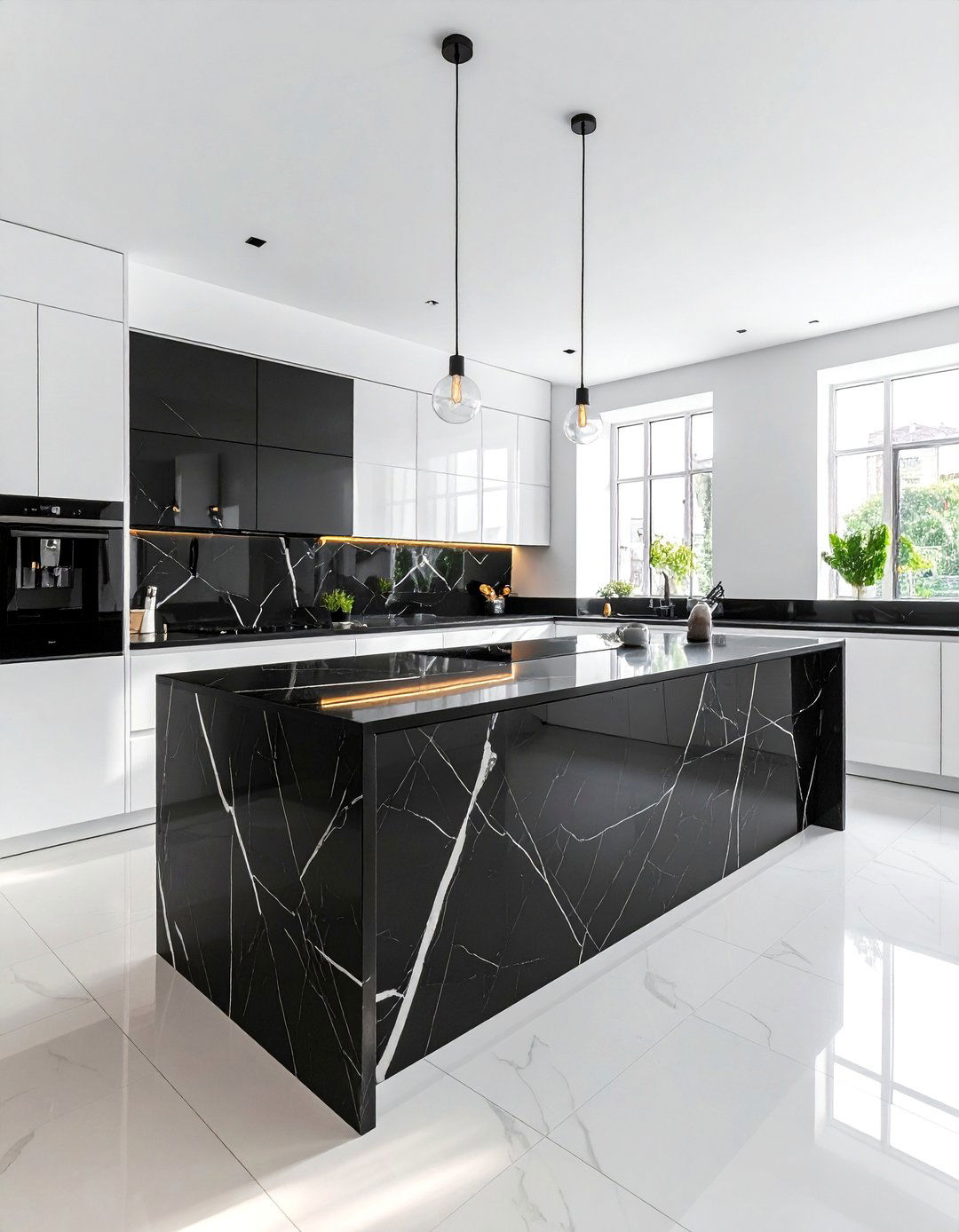 White Kitchen With A Waterfall Black Island - 20 White Kitchen Ideas With Black Island for Contrast
