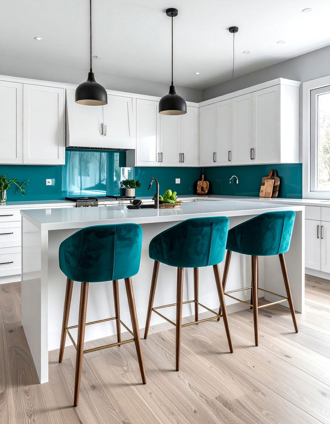 White Kitchen with Teal Bar Stools - 20 Teal and White Kitchen Design Ideas for a Fresh Look