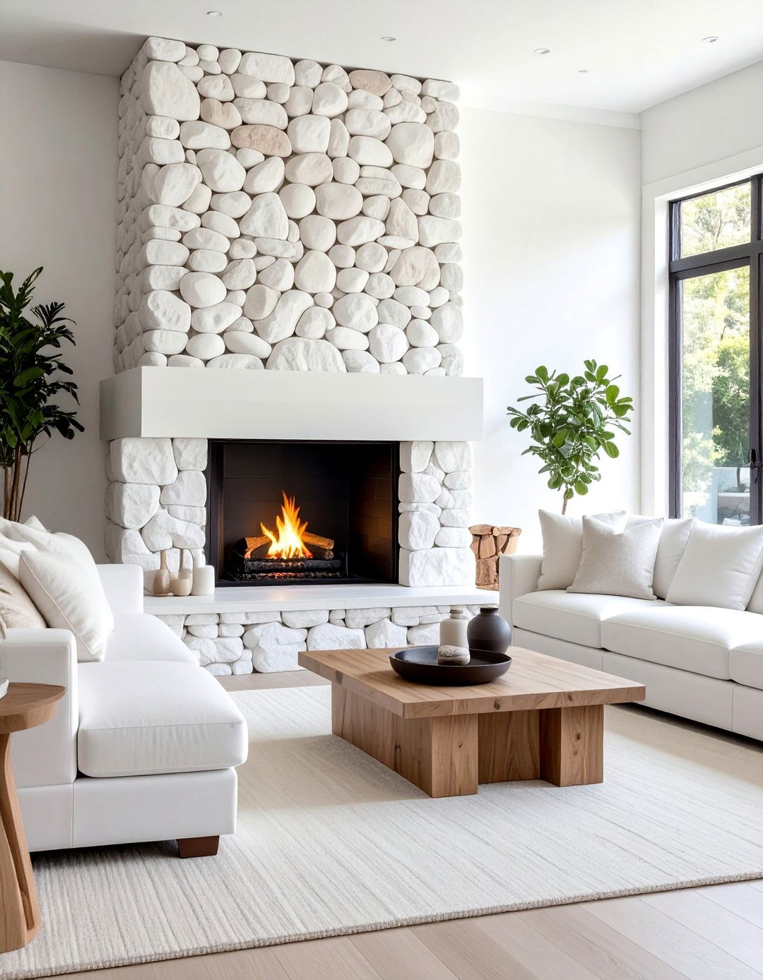 White Painted River Rock Floor to Ceiling Stone Fireplace - 20 Floor-to-Ceiling Stone Fireplace Ideas for a Stunning Focal Point